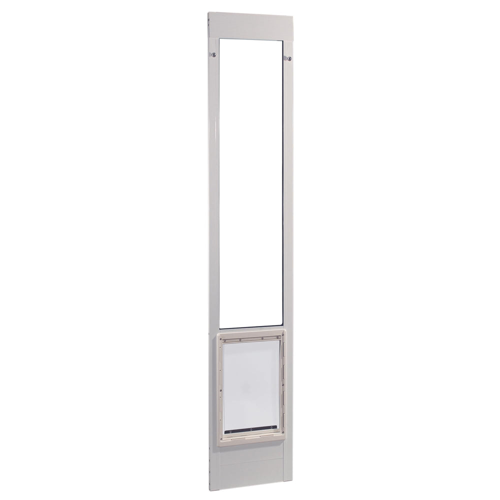 Porte-patio en aluminium Ideal Pet Products avec hauteur ajustable pour chiens et chats, installation simplifiée.