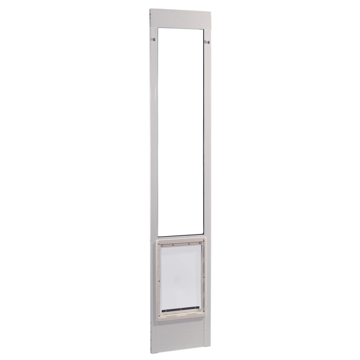 Porte-patio en aluminium Ideal Pet Products avec hauteur ajustable pour chiens et chats, installation simplifiée.