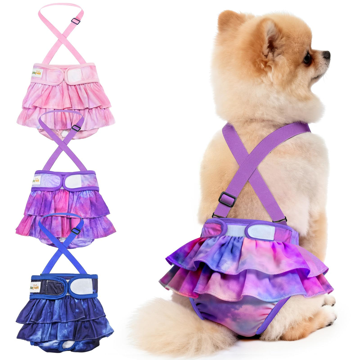 Idepet couches pour chien femelle avec bretelles amovibles offrant un maintien sûr.