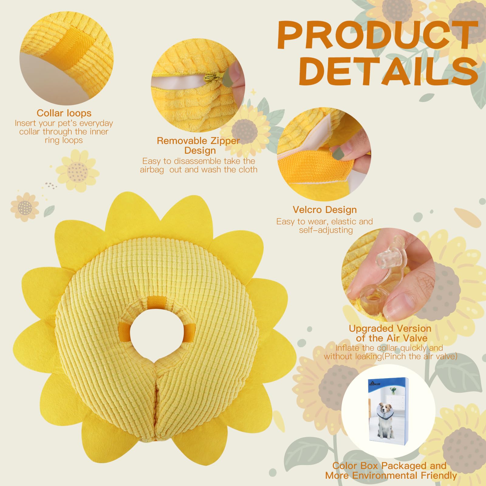 IEUUMLER collier gonflable au design mignon, idéal pour les chats et chiens, tournesol XL.