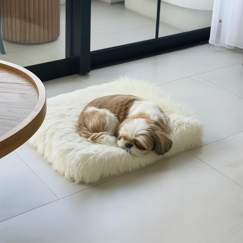 IHAPPYDOG lit orthopédique en fourrure blanche offrant un soutien confortable pour le chien.