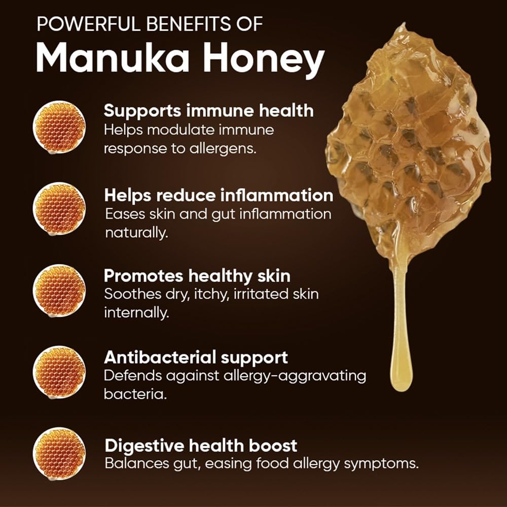 iHeartDogs Honey Guard miel Manuka – ingrédients naturels visibles pour le confort quotidien.