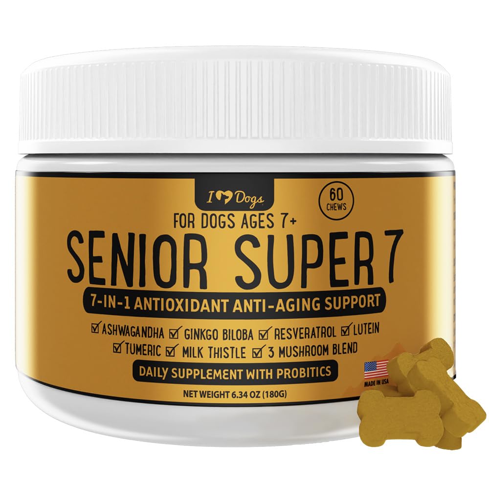 iHeartDogs Senior Super 7 — bouteille de compléments pour chiens âgés, soutien cognitif potentiel.