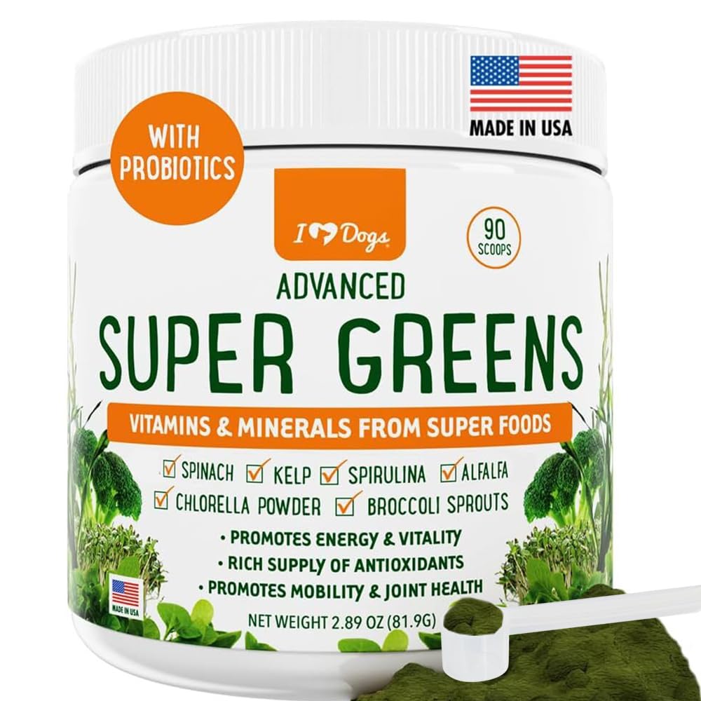 iHeartDogs Super Greens – Bouteille prête à l’emploi, intégré au repas pour un soutien nutritionnel.