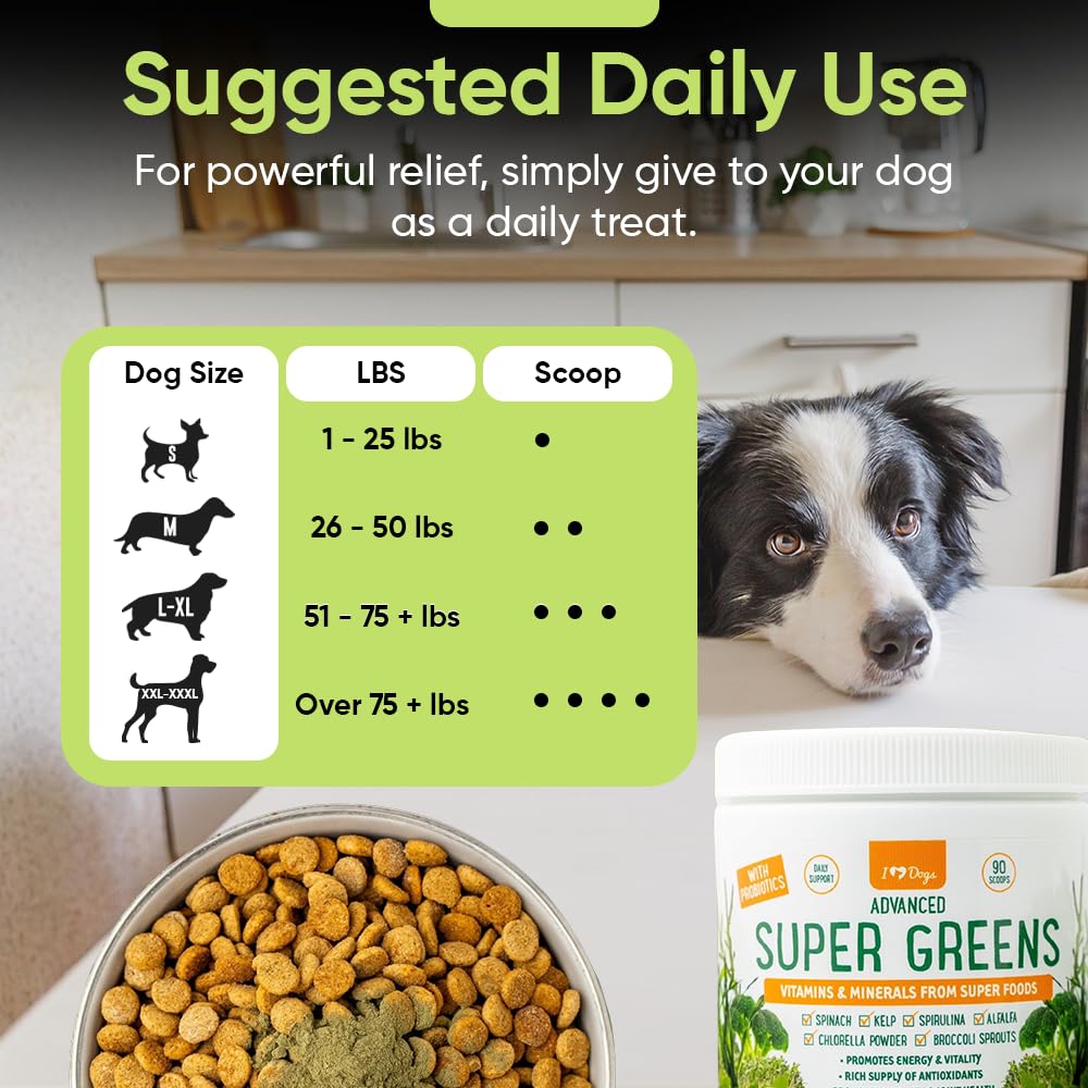 iHeartDogs Super Greens – Probiotiques assortis, aide à la digestion et au confort intestinal.