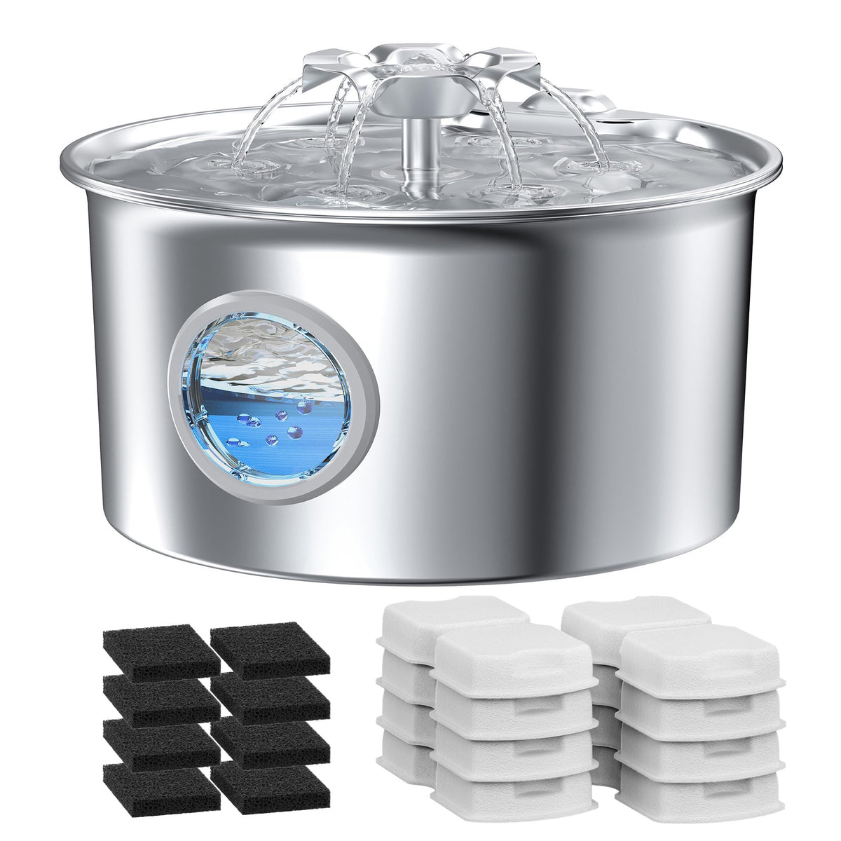 IHOUONE fontaine chat inox 88oz montrant le réservoir pratique et hydratation durable