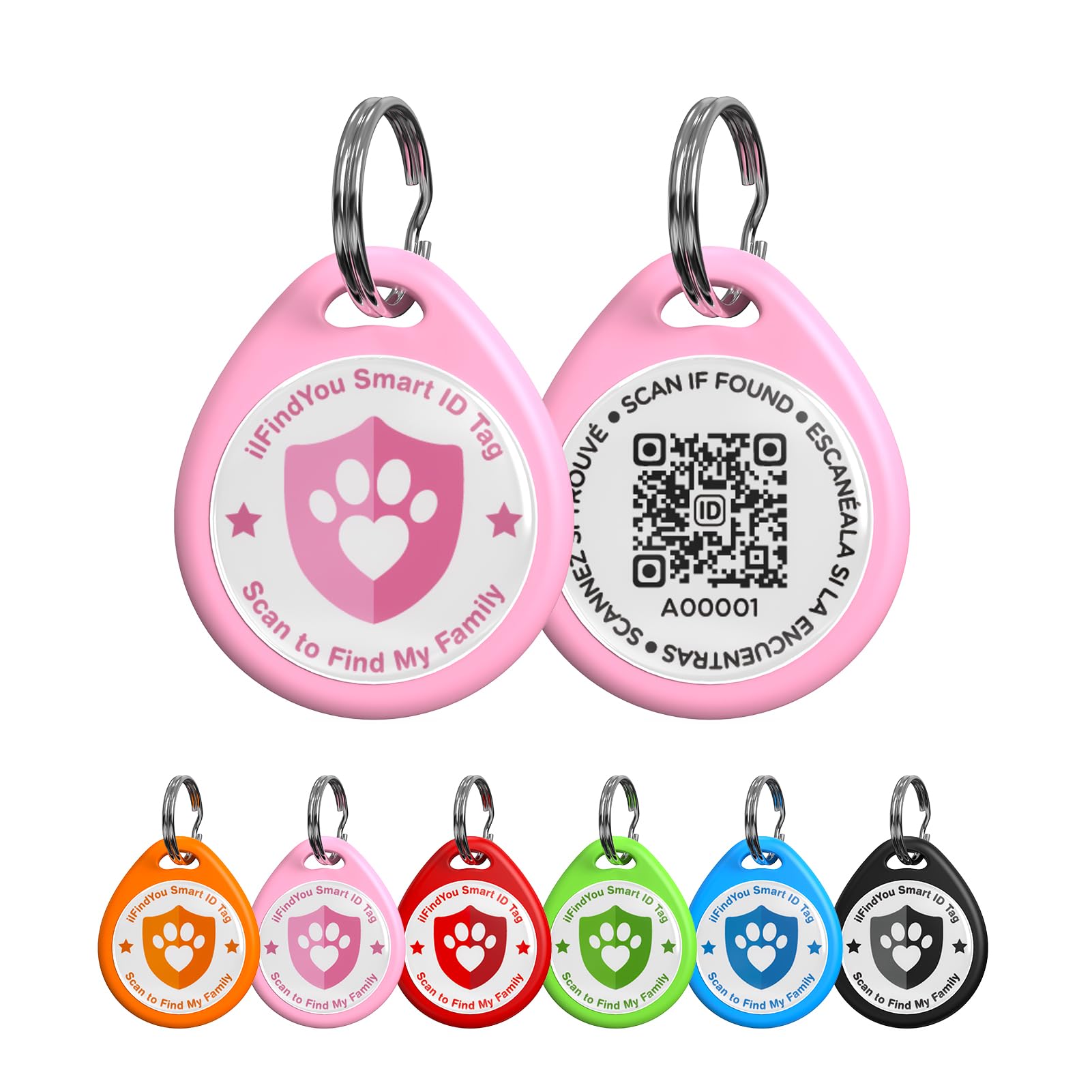 Tag ilFindYou pour chien rose avec code QR, identification rapide et sûre.