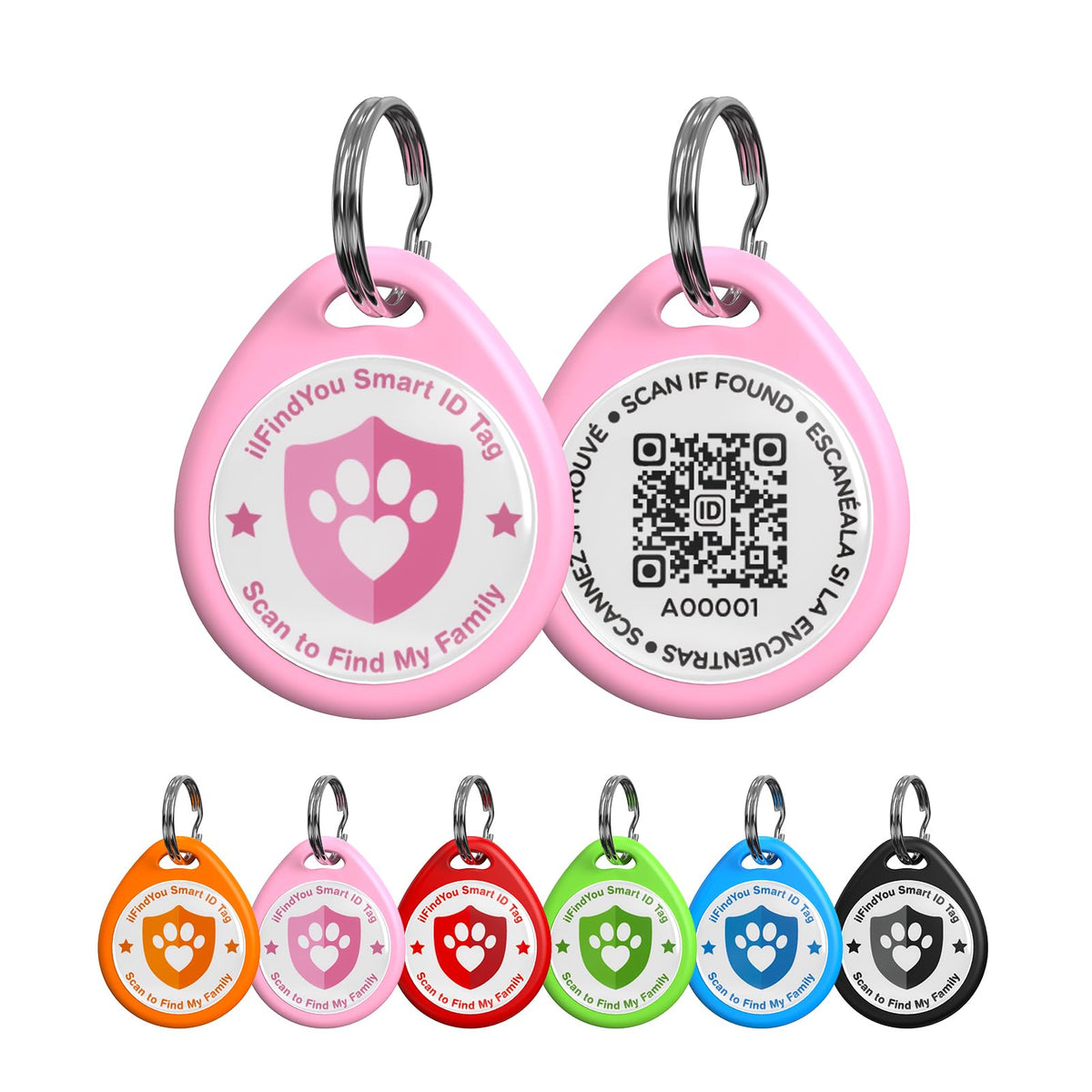 Tag ilFindYou pour chien rose avec code QR, identification rapide et sûre.