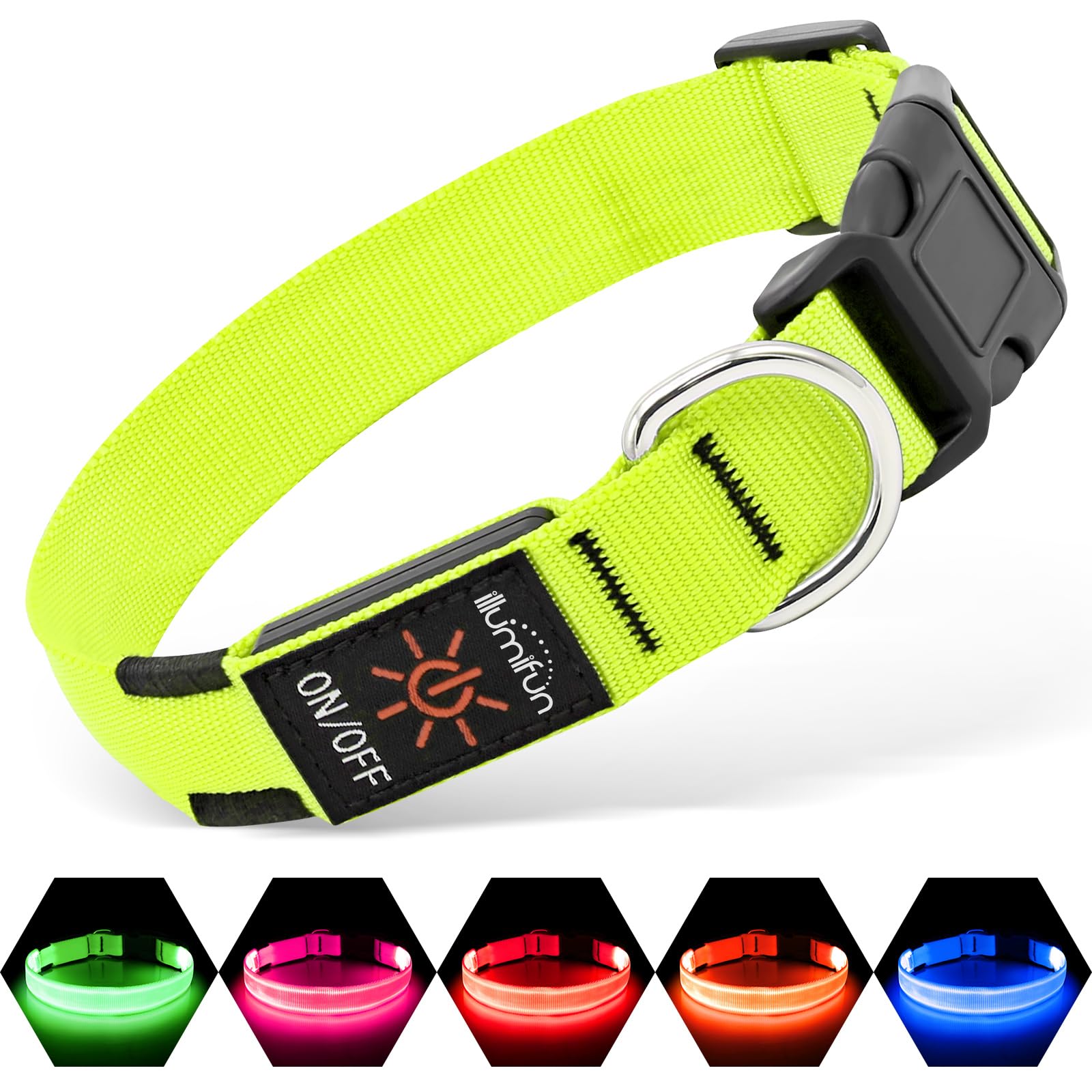 Collier lumineux Illumifun pour chien vert, visibilité accrue lors des promenades nocturnes.