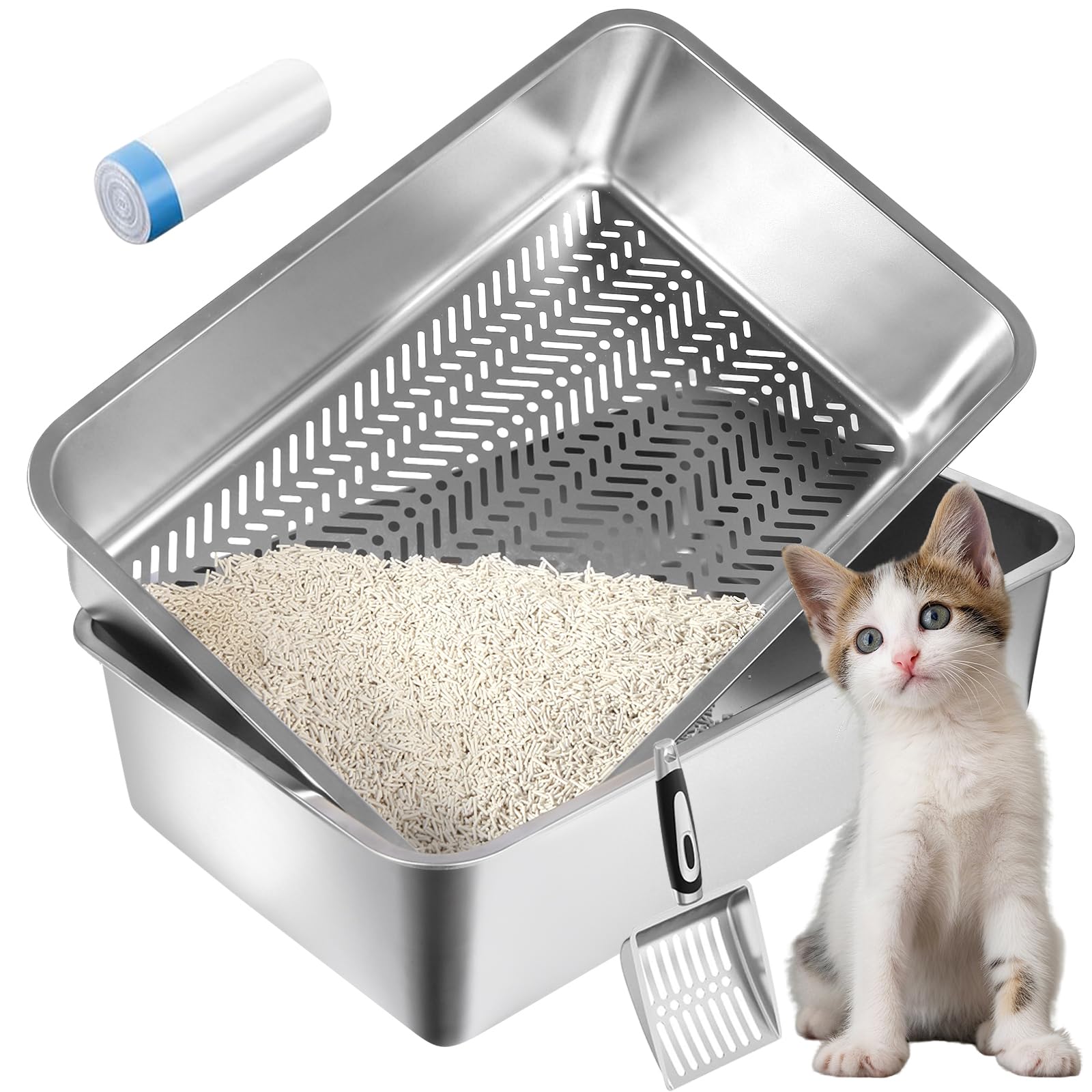 AOTECC XXL Stainless Steel Sifting Litter Box for Pine Pellets – Big Cats, Odor Control, Easy Clean