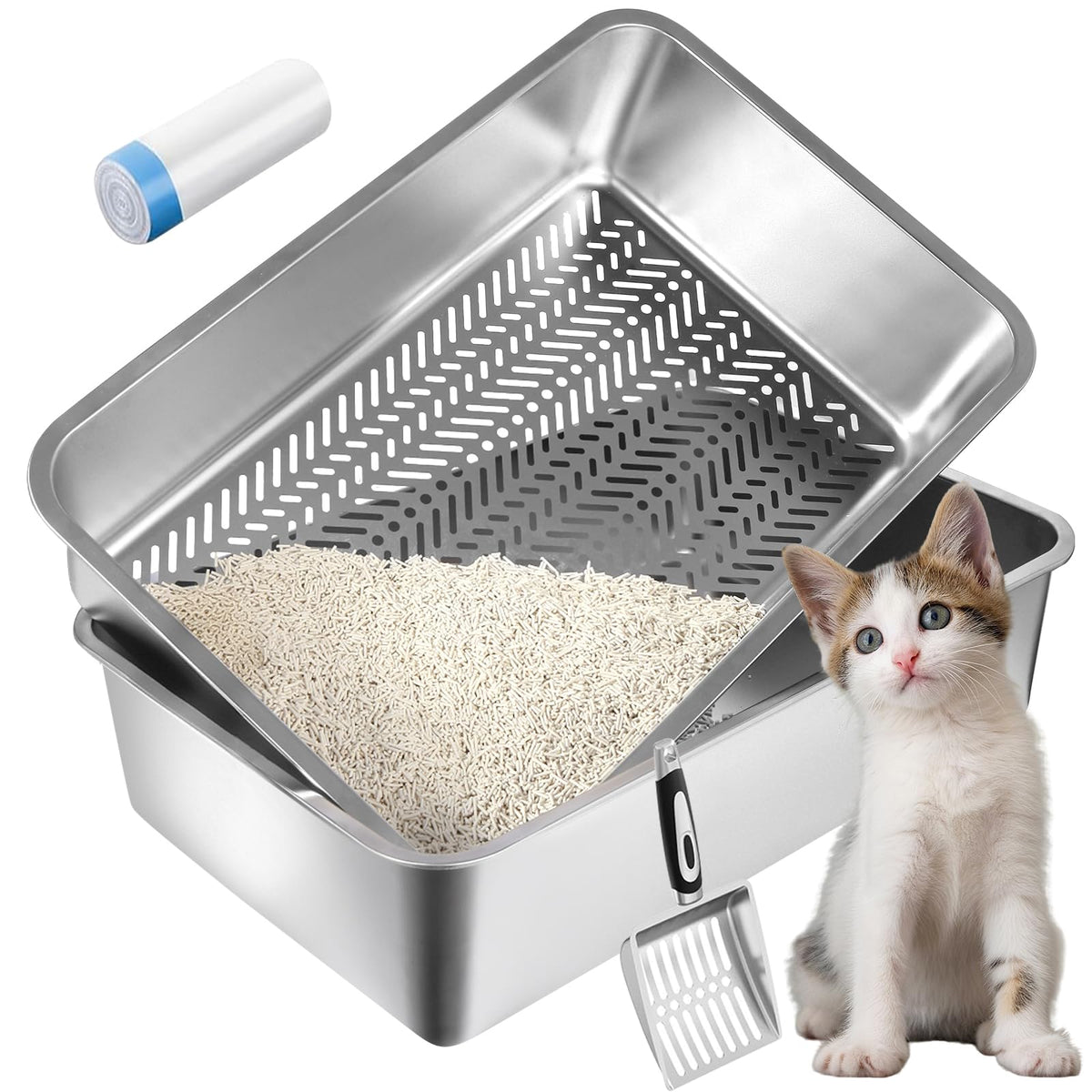 AOTECC XXL Stainless Steel Sifting Litter Box for Pine Pellets – Big Cats, Odor Control, Easy Clean