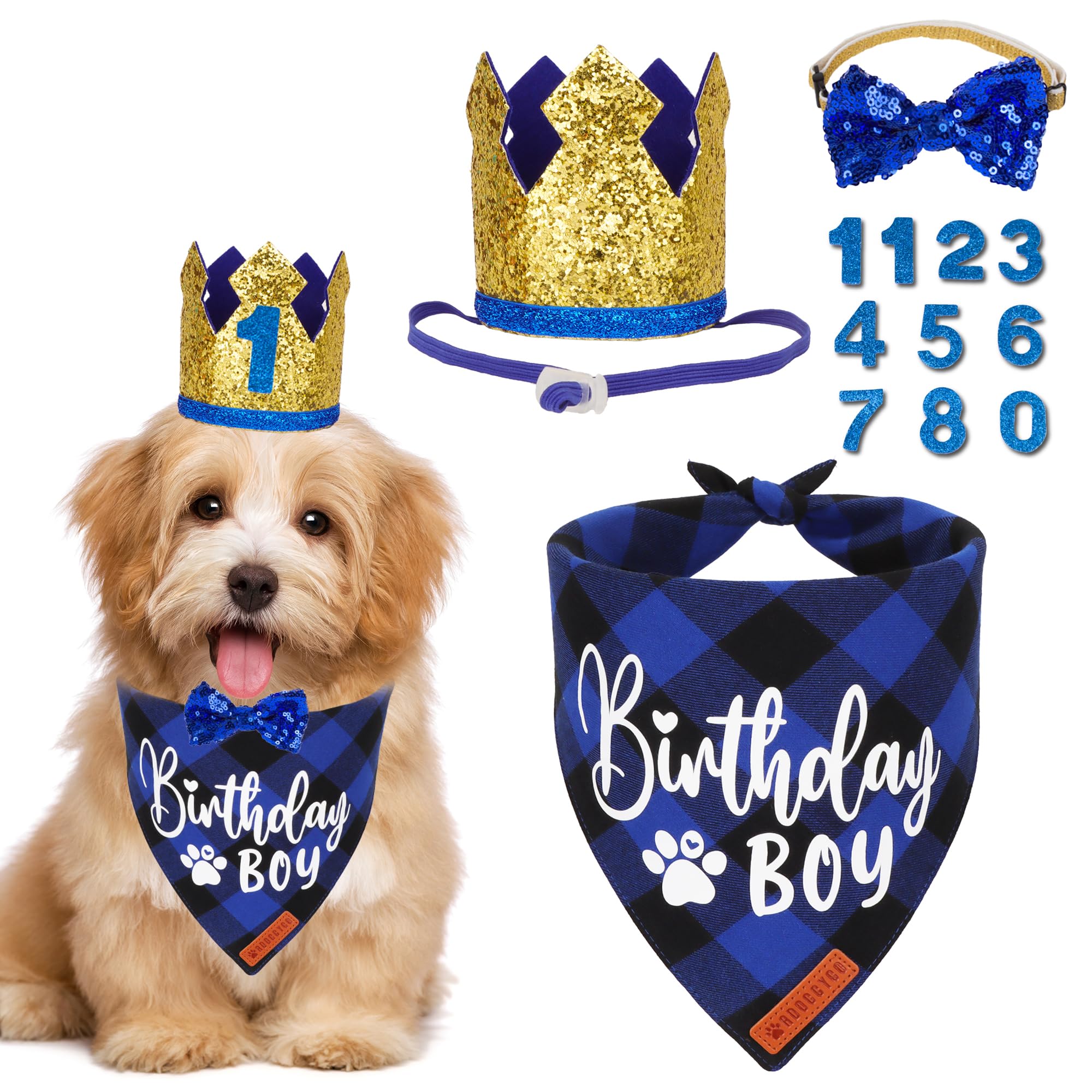 ADOGGYGO bandana bleu à carreaux pour chien, parfait pour des photos festives et joyeuses.