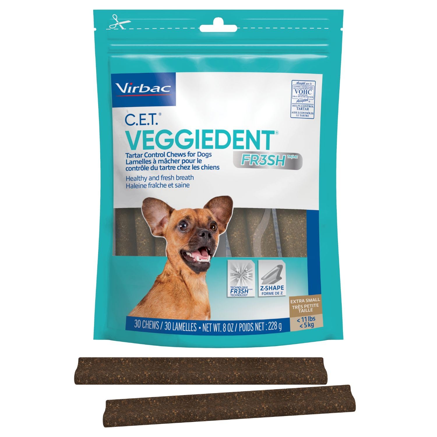 Virbac CET VEGGIEDENT FR3SH bouchées pour petit chien, nettoyage dentaire quotidien et tartre visé