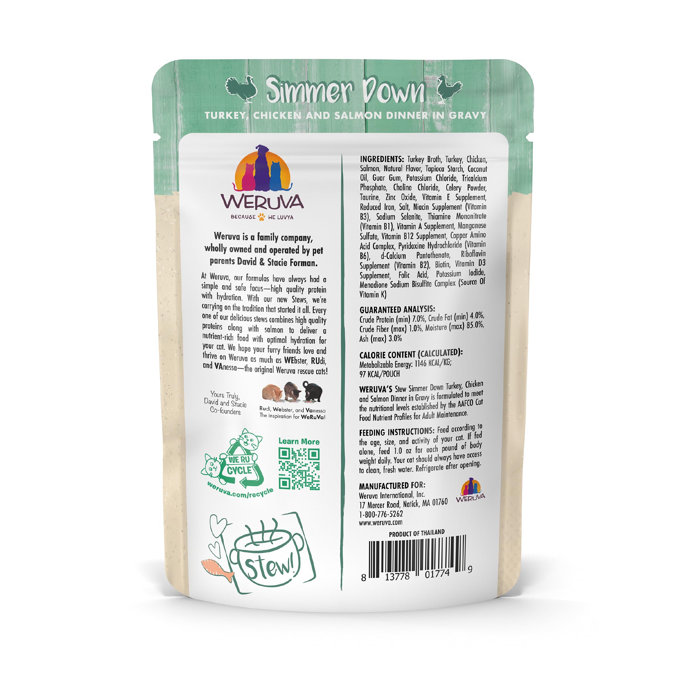 Weruva Classic Cat Stews!, Simmer Down with Turkey, Chicken & Salmon in Gravy, 3oz Pouch (Pack of 12)