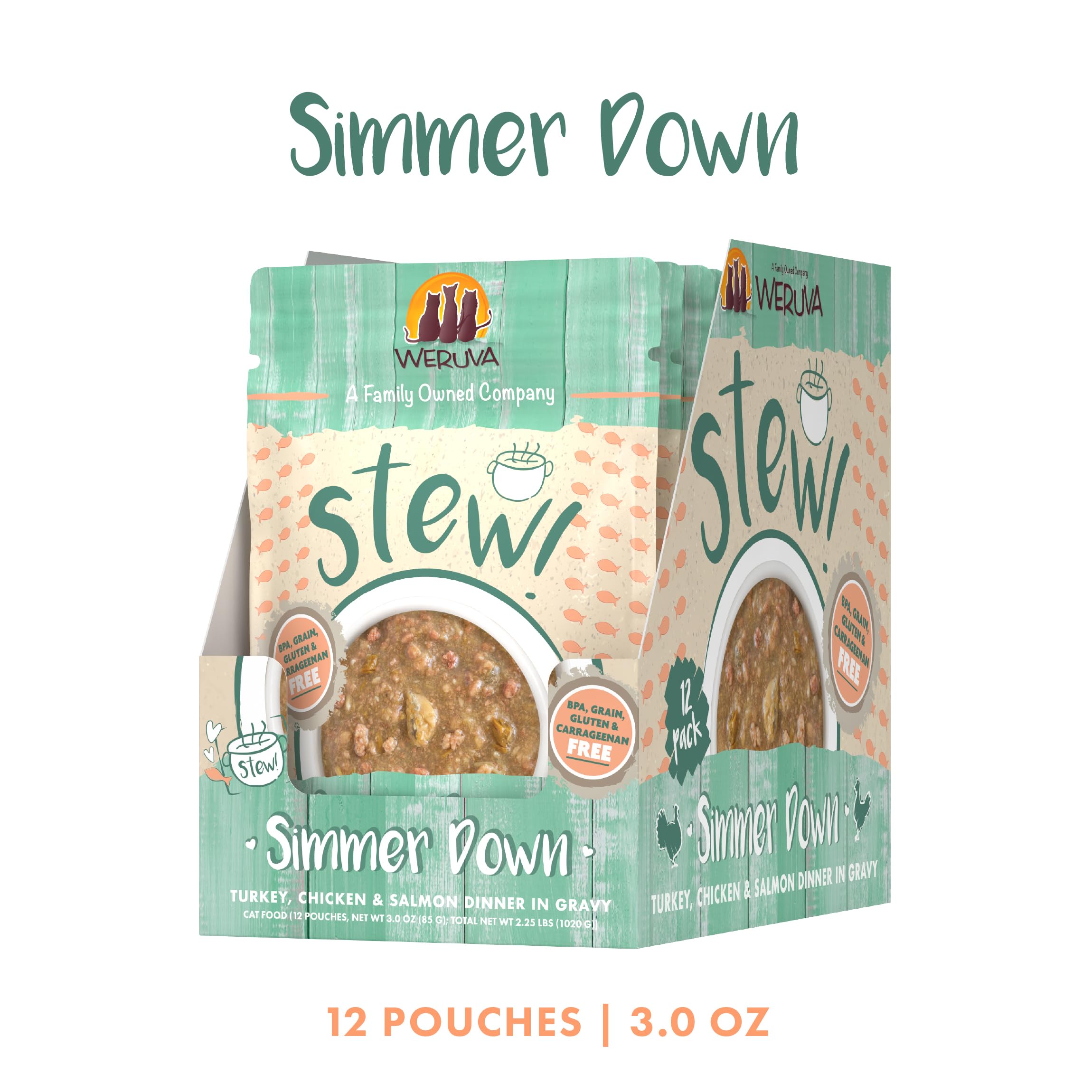Weruva Classic Cat Stews!, Simmer Down with Turkey, Chicken & Salmon in Gravy, 3oz Pouch (Pack of 12)