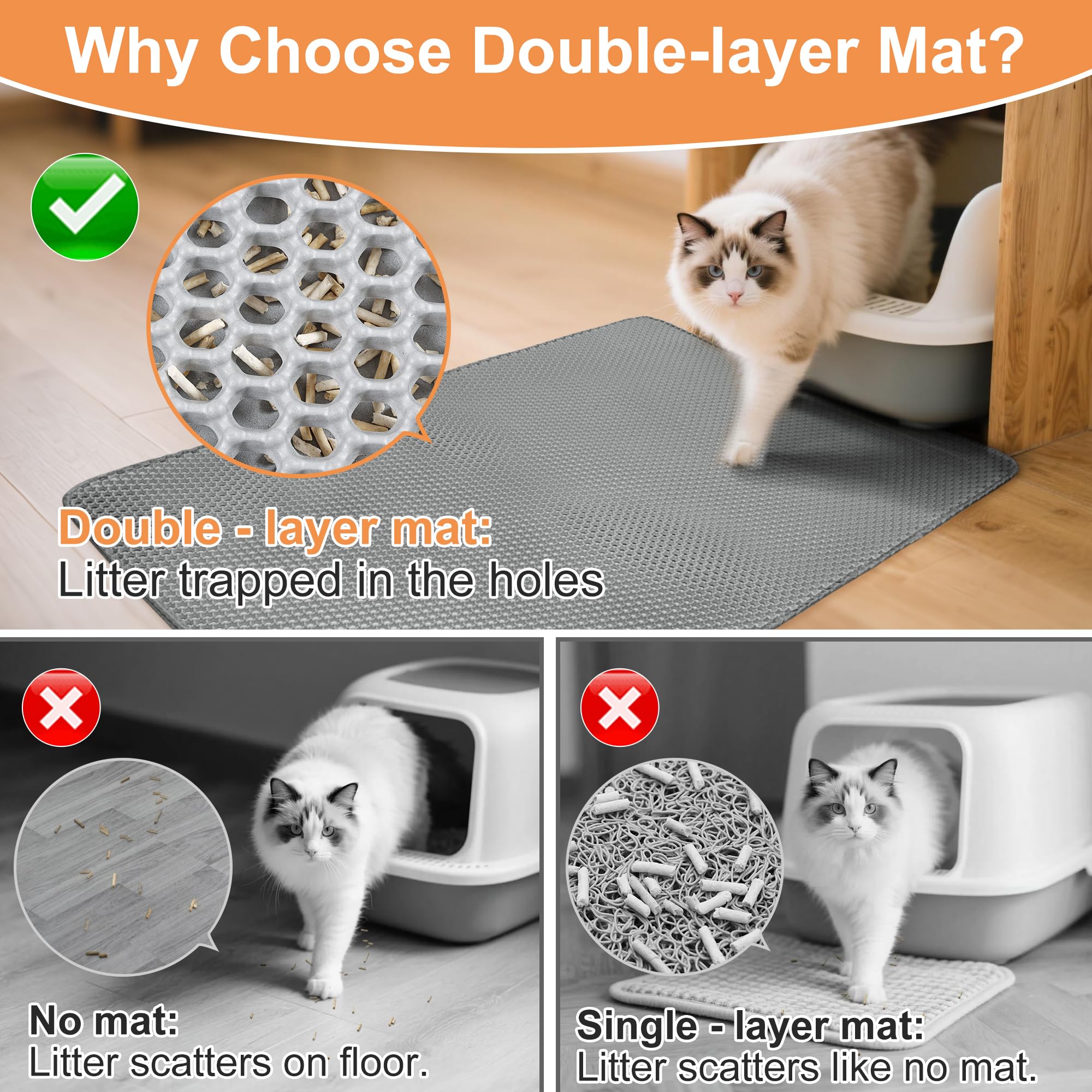 Aurorique Tapis Litière pour Chat XXL (119 x 99 cm) – Double-Couche, Non-Toxique, Facile à Nettoyer, Gris