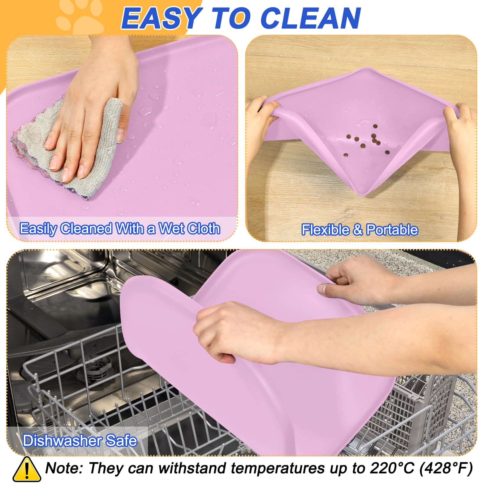 SMILOOL Tapis d’alimentation en silicone pour animaux – bord surélevé anti-dérapant, rose clair, 56 × 36 cm
