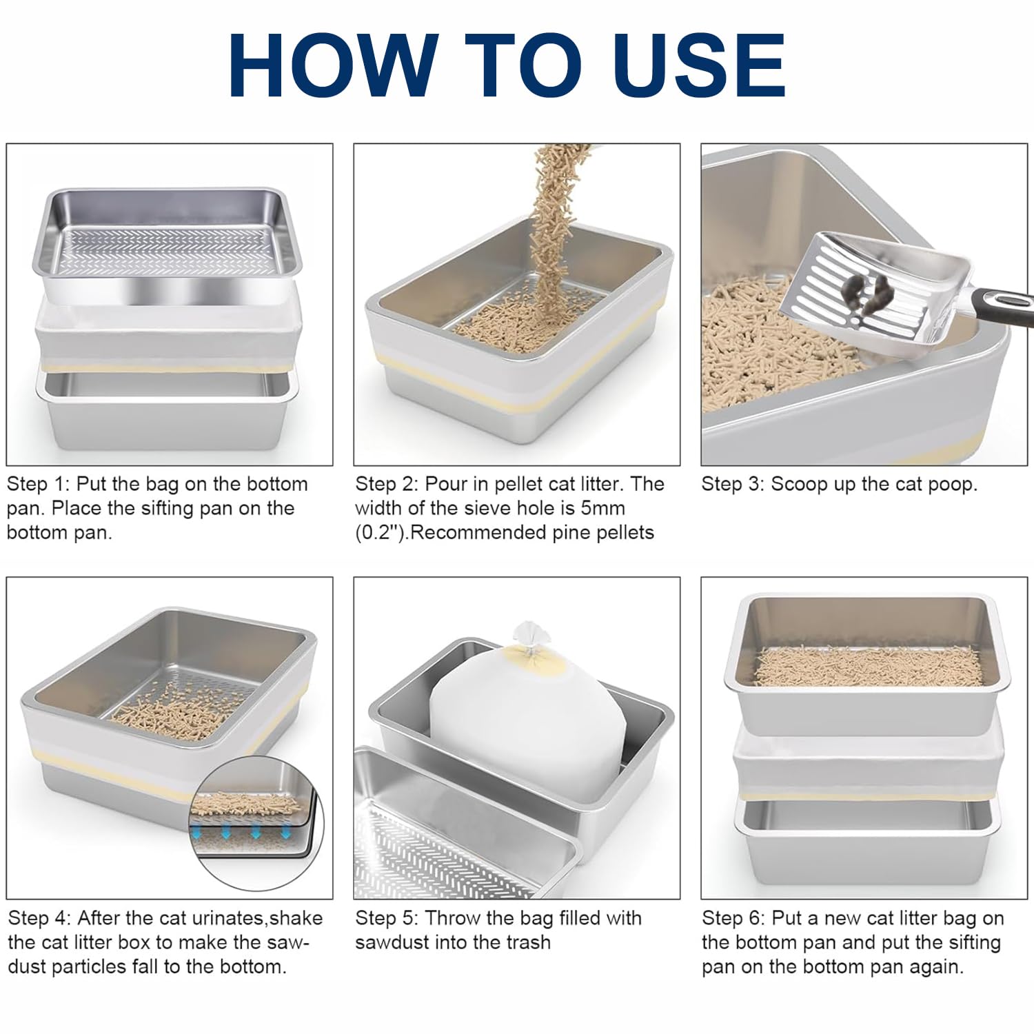 AOTECC XXL Stainless Steel Sifting Litter Box for Pine Pellets – Big Cats, Odor Control, Easy Clean