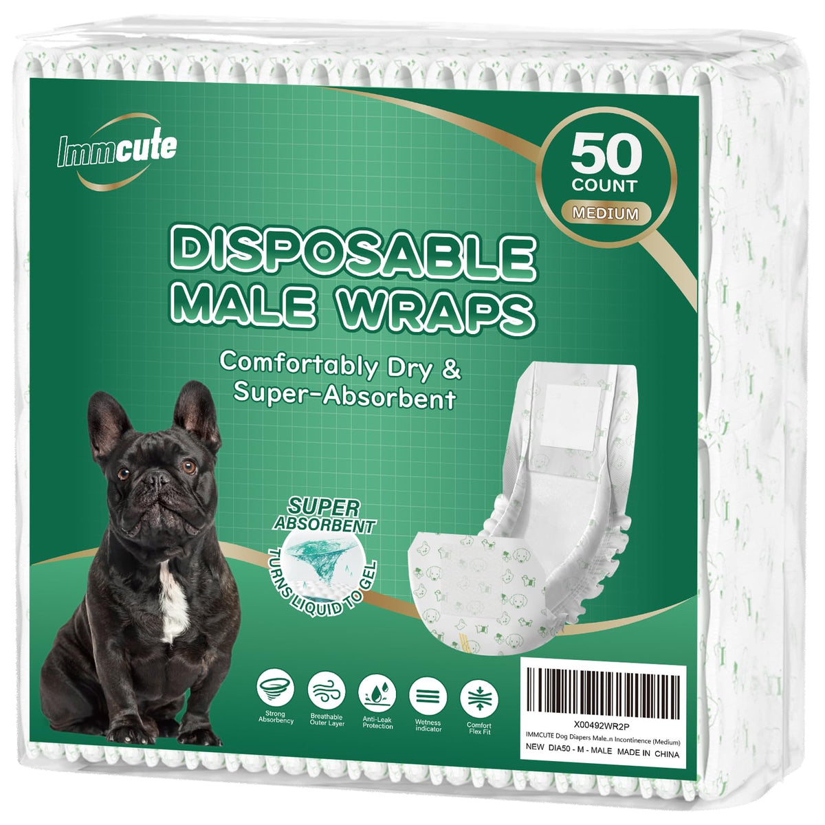 IMMCUTE bandages-male-chien-medium: protection légère et absorption fiable au quotidien.