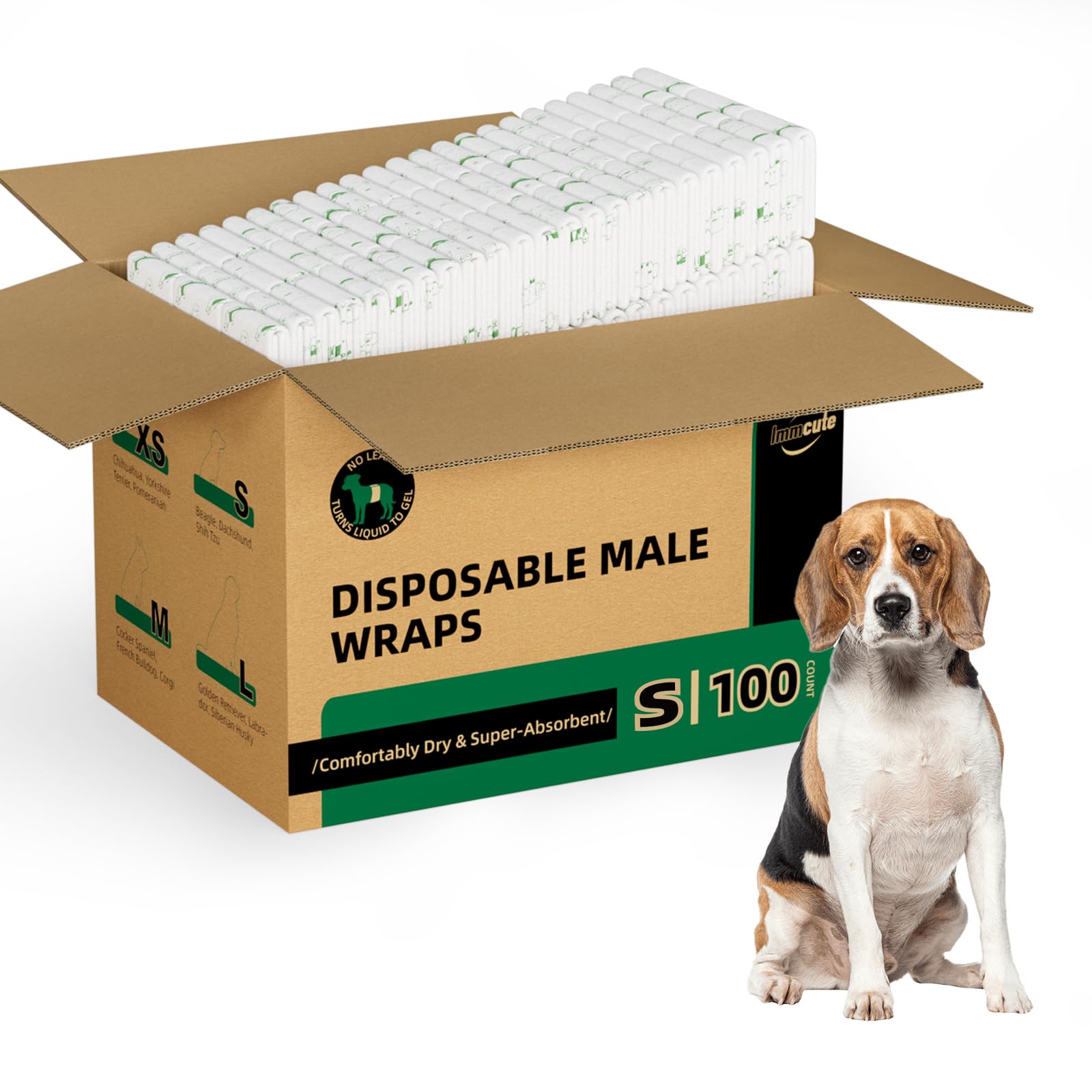 IMMCUTE couches-chien-male 100ct, emballage pratique pour démarrage rapide.