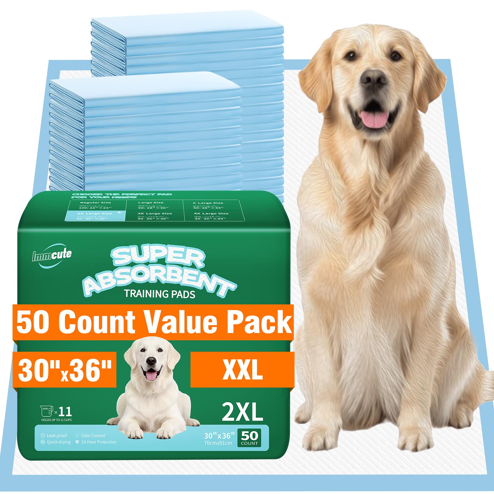 IMMCUTE Puppy Pad XXL 30x36: absorption rapide et sols protégés.