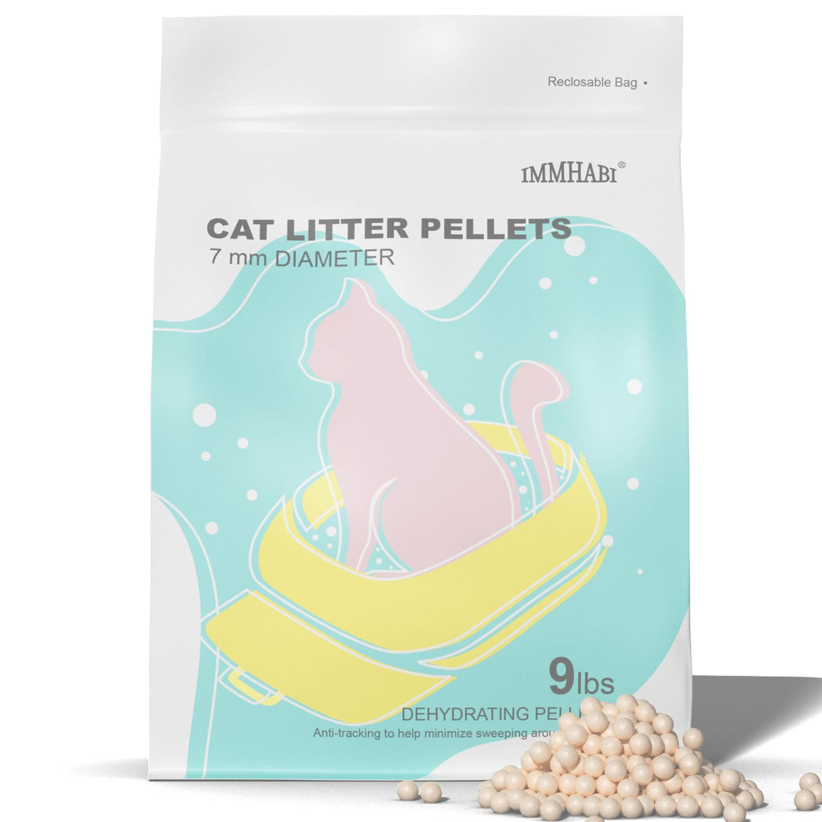 IMMHABI pellets litière 7mm plan proche, réduction des traces autour du bac.