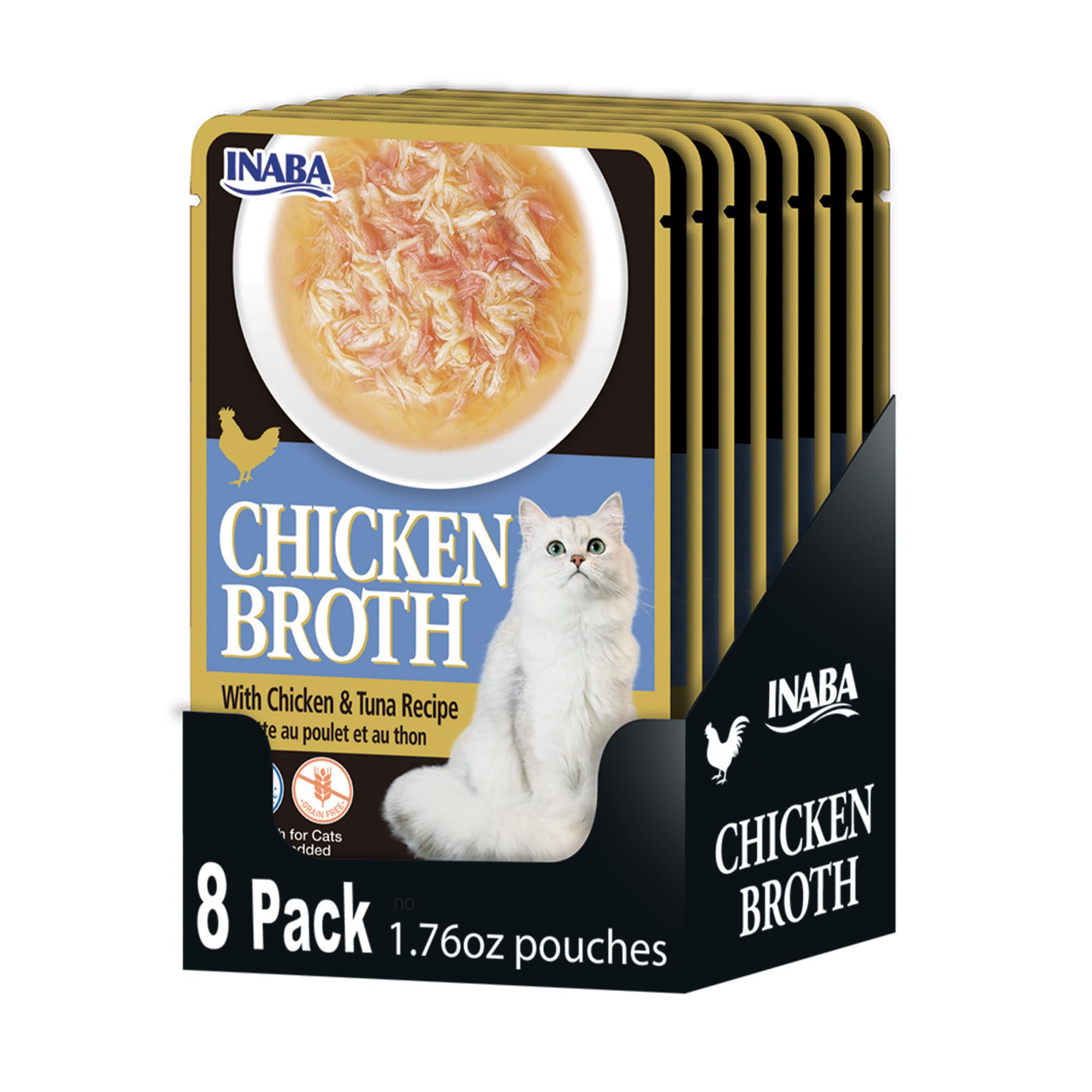 INABA Bouillon chat, pochette poulet ouverte, hydratation et arôme réconfortant.