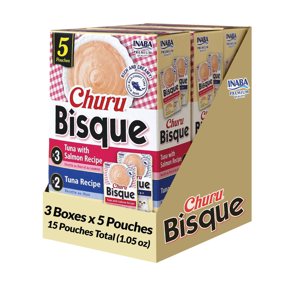 INABA Churu Bisque pour chats, purée crème en sachet, texture riche et hydratante.