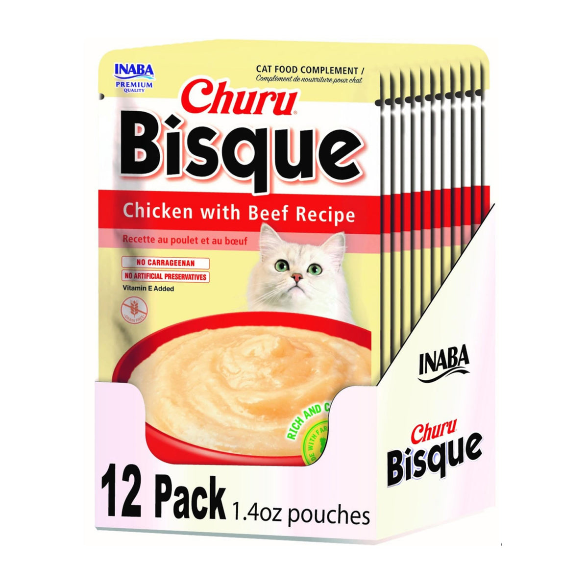 INABA Churu Bisque chat, sachet purée poulet et boeuf, complément savoureux.