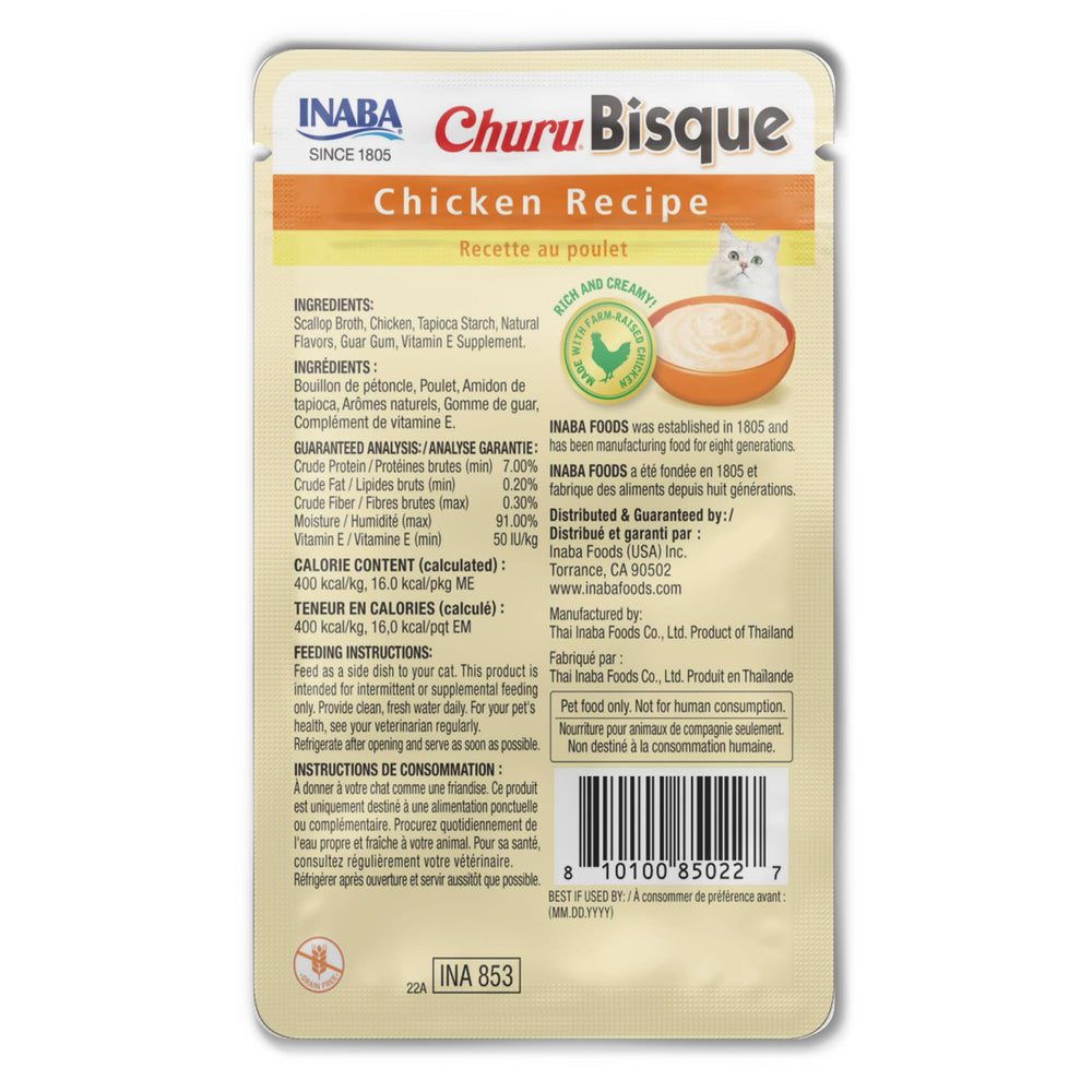 INABA Churu Bisque pour chats — utilisation polyvalente comme accompagnement, topping ou friandise.