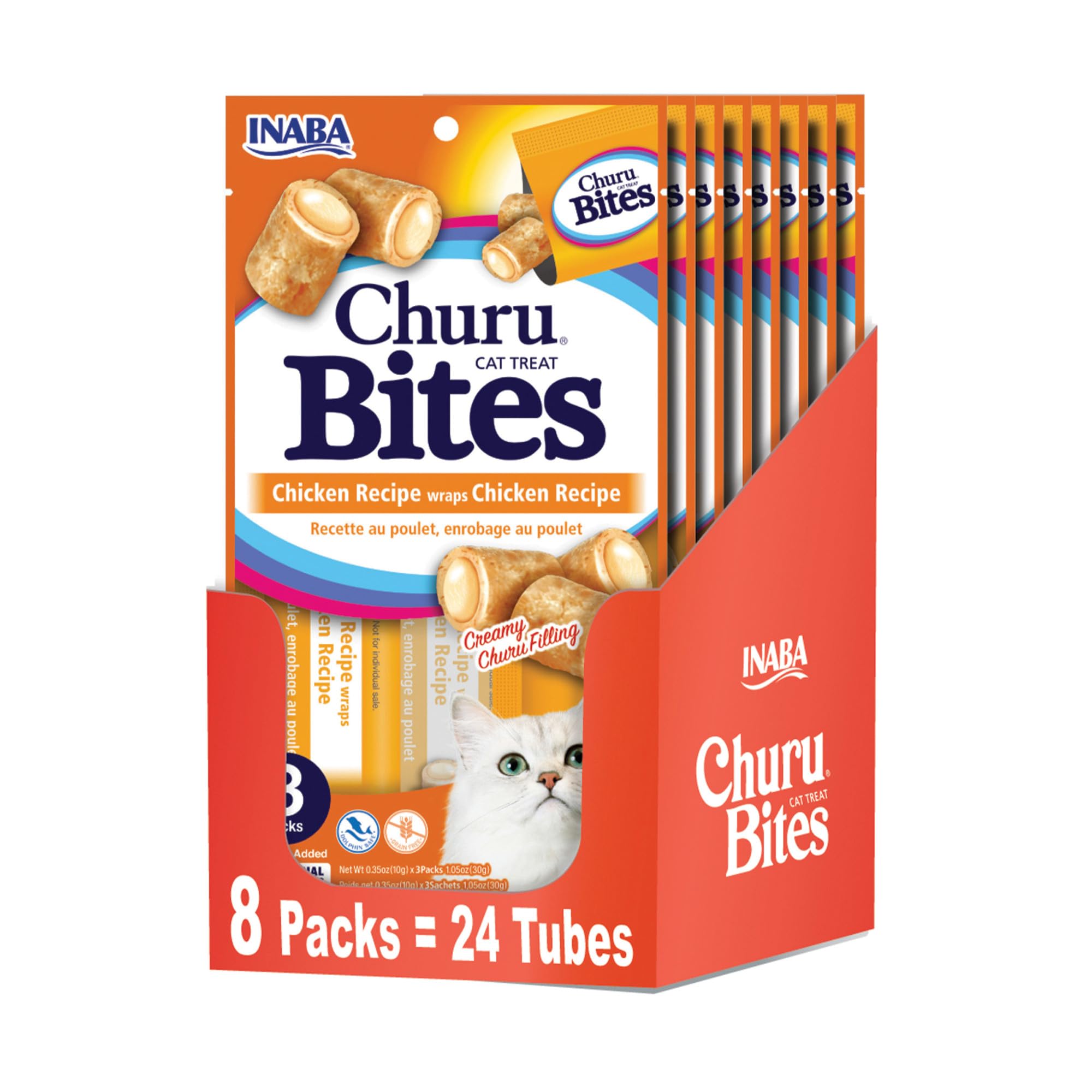 Inaba Churu Bites pour chats, poulet enveloppé, friandise tendre pour récompense.