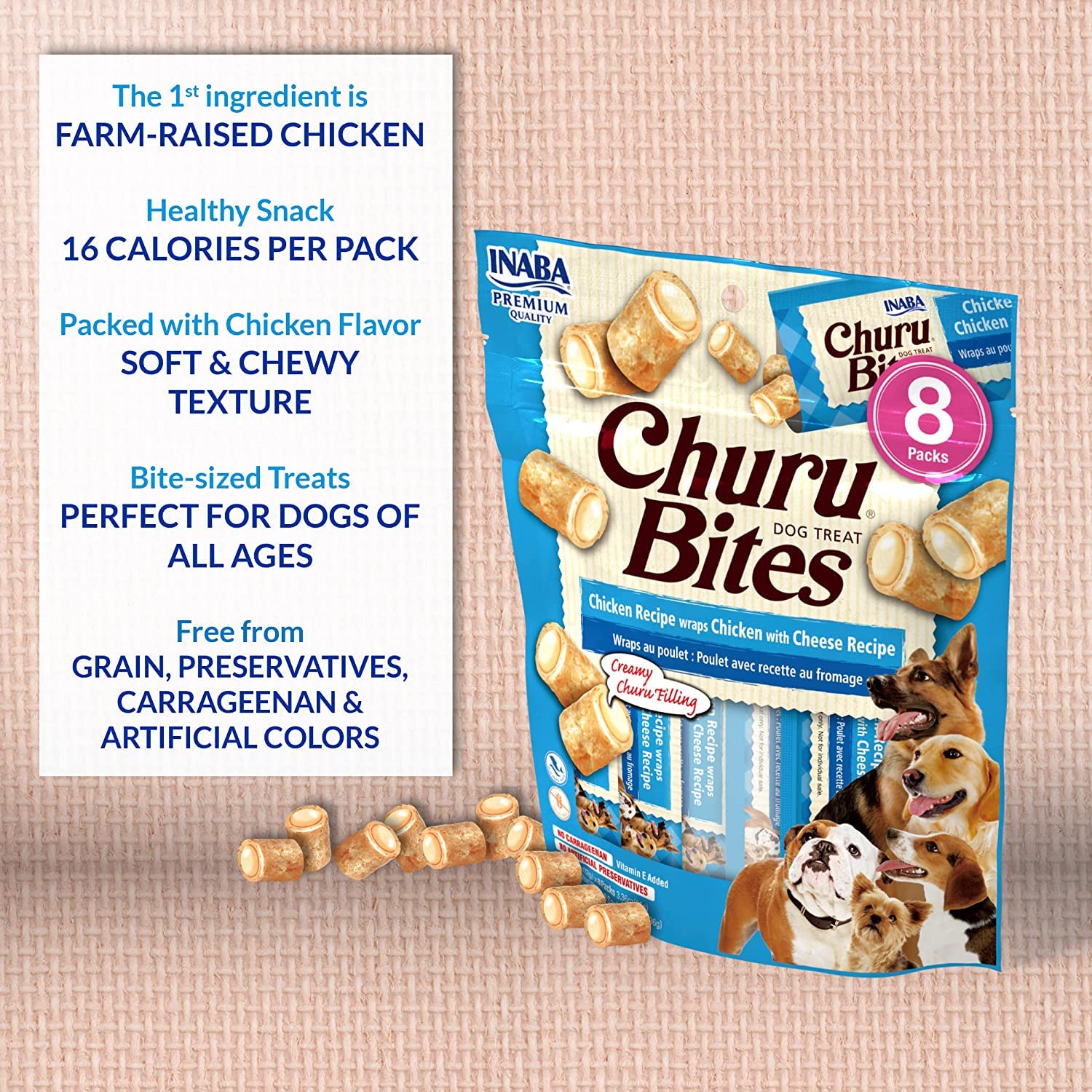 INABA Churu Bites – sans céréales, option savoureuse et légère pour les chiens.