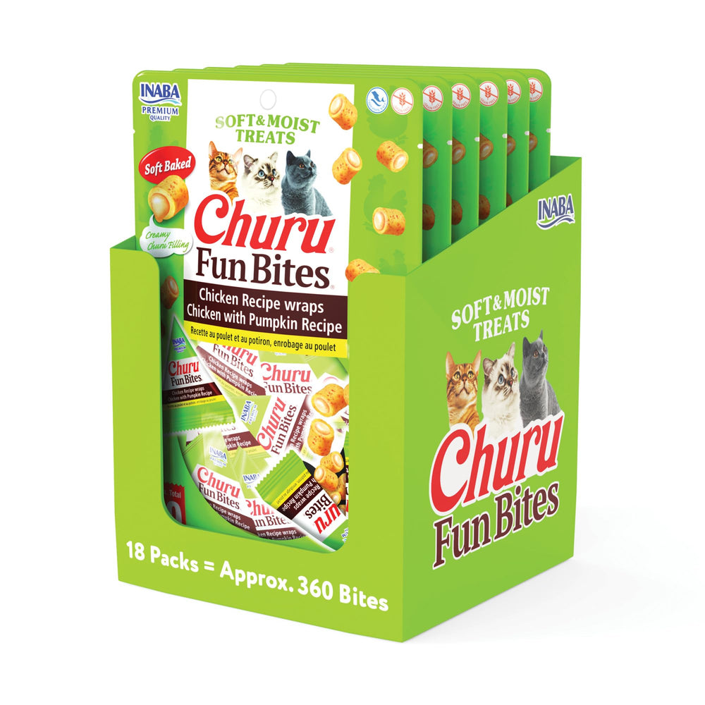 INABA Churu Fun Bites chat, emballage visible, portions pratiques pour partage quotidien.
