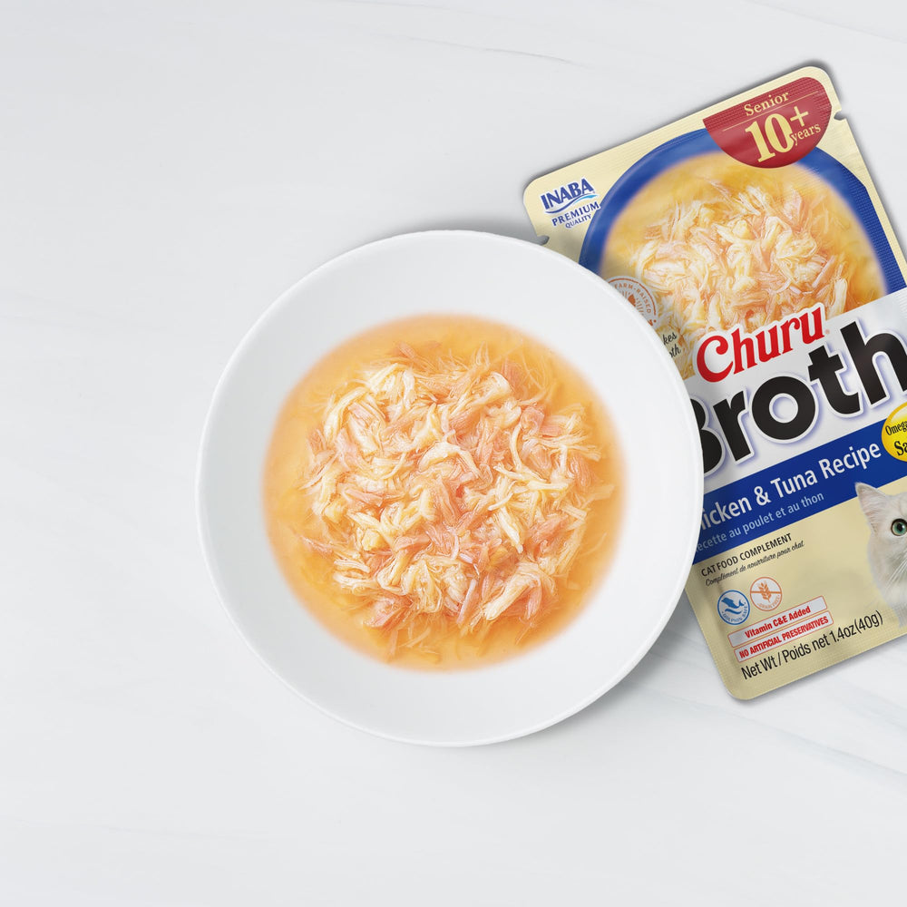 INABA Churu Broth Senior 10+ flocons de poulet, sachet, gâter l’heure du repas.