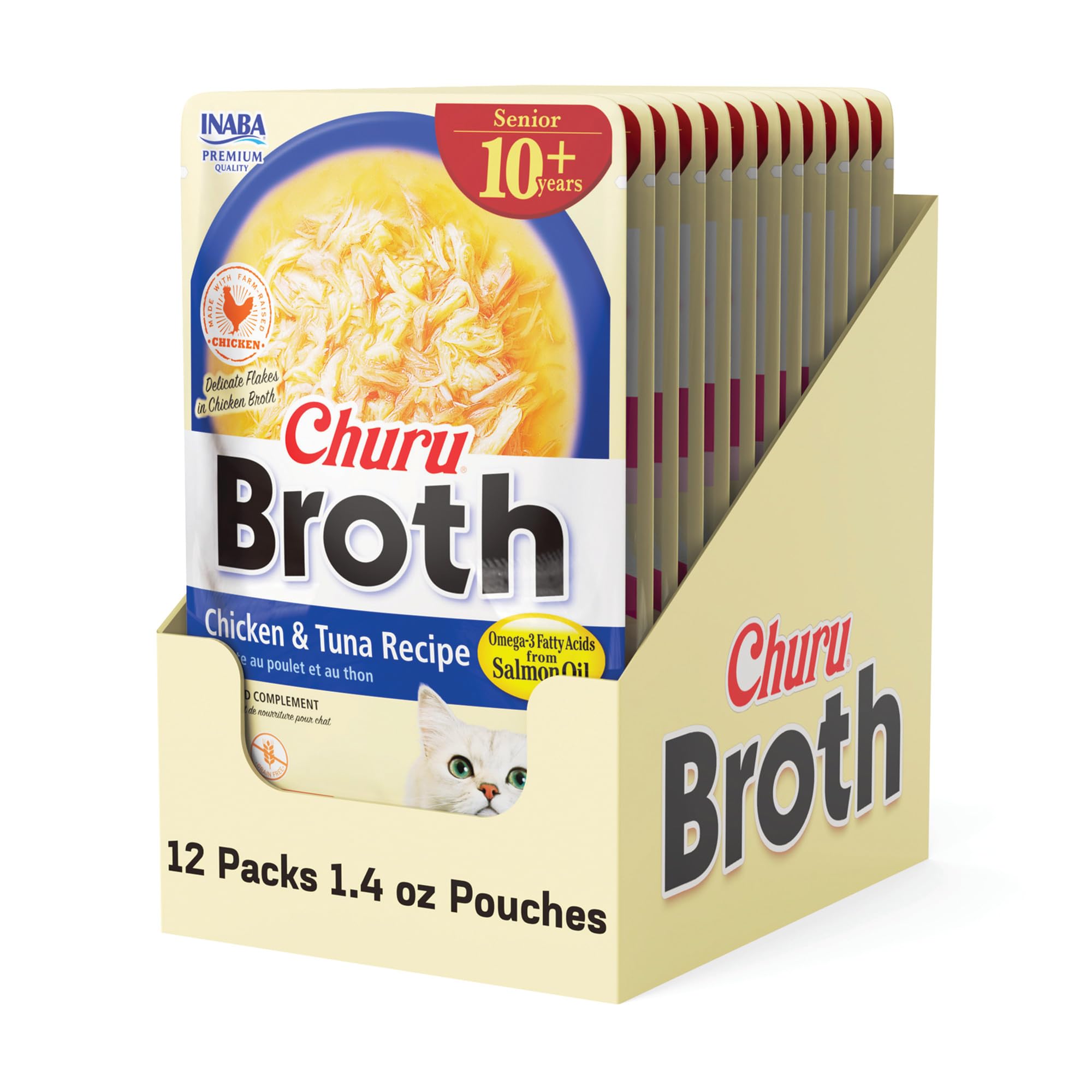 INABA Churu Broth Senior 10+ sachet, hydratation délicieuse pour chat âgé.