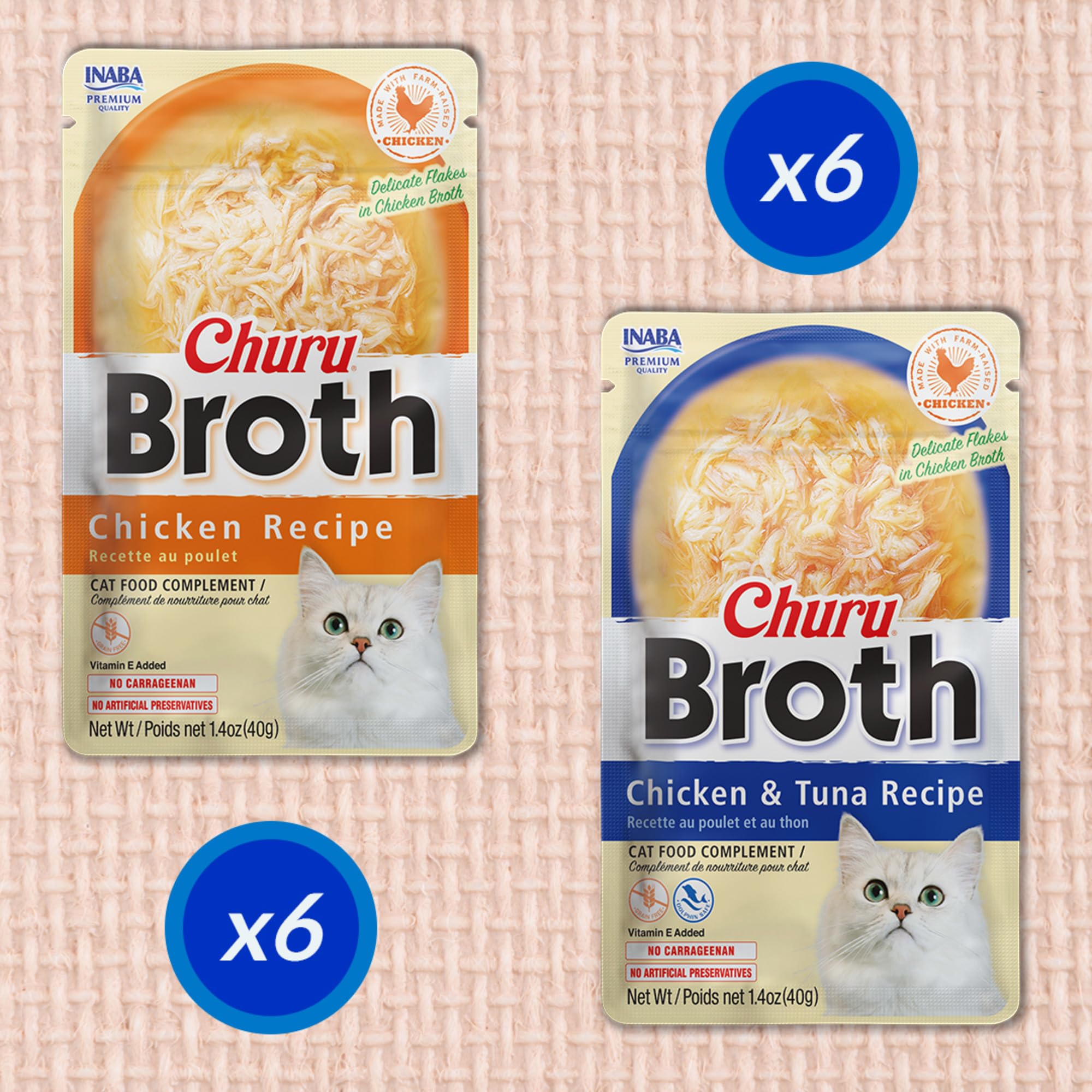 INABA Churu Broth Topper poulet-thon-pétoncle, variété pour l'alimentation.