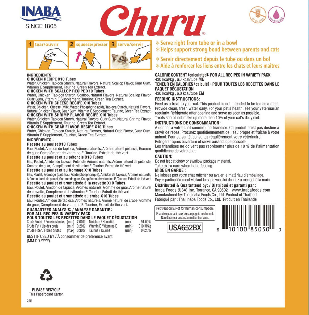 Tube INABA Churu avec 91% d’humidité, aide à l’hydratation des chats.