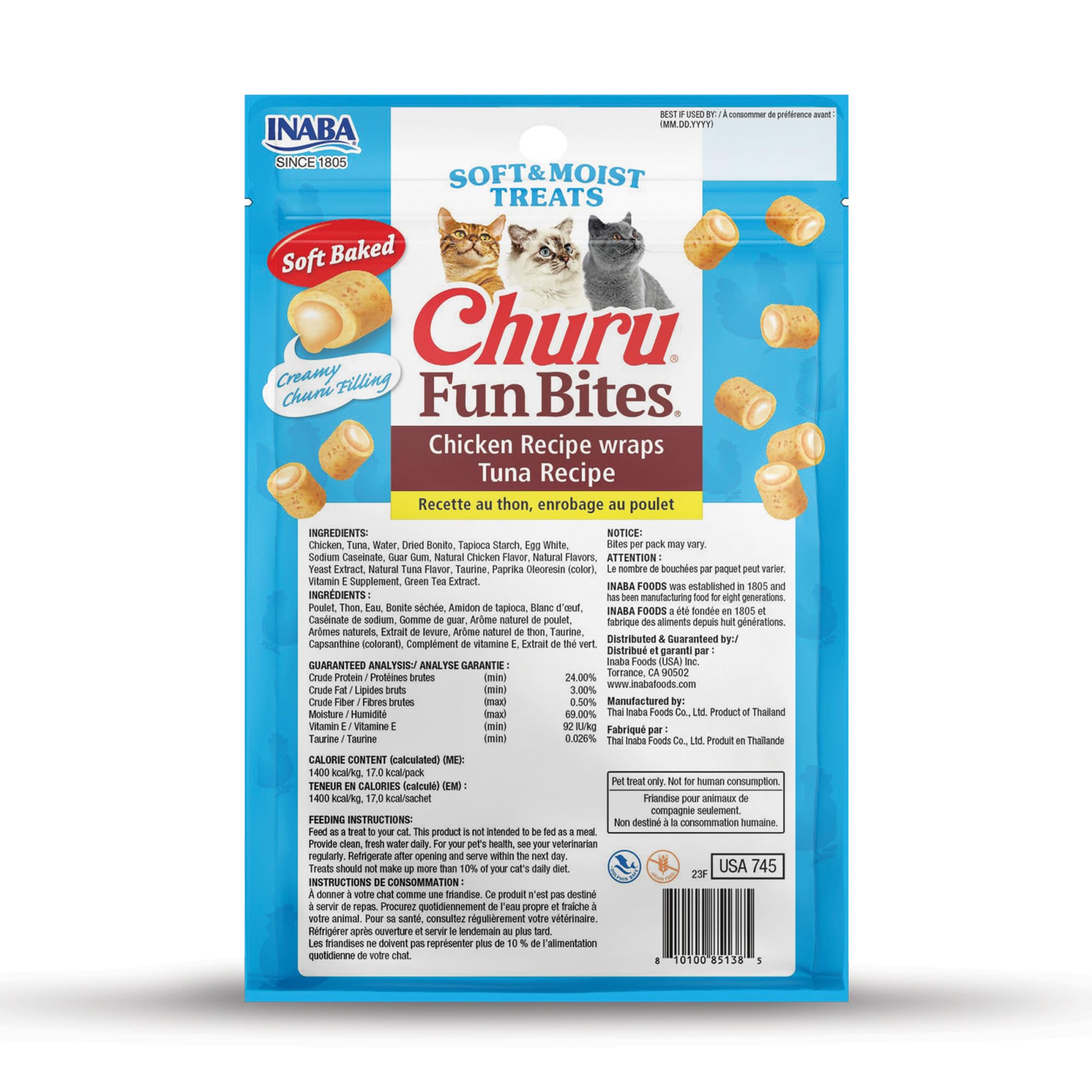 Friandises INABA Churu Fun Bites avec 69% d'humidité pour l'hydratation.