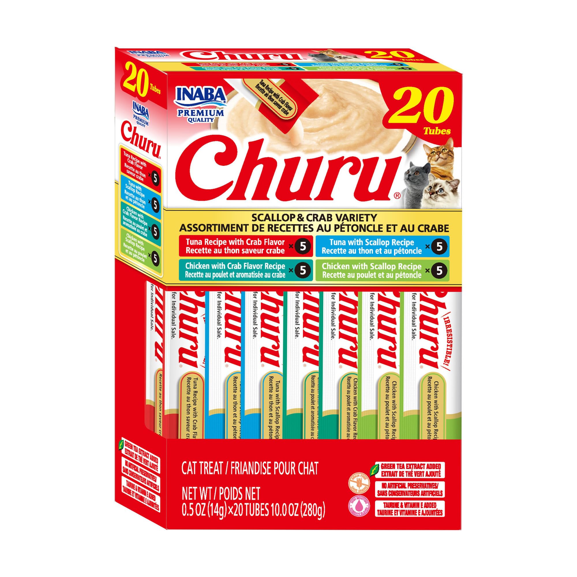 Purée crème INABA Churu en tube Coquilles Saint-Jacques et Crabe, hydratation pratique pour chat