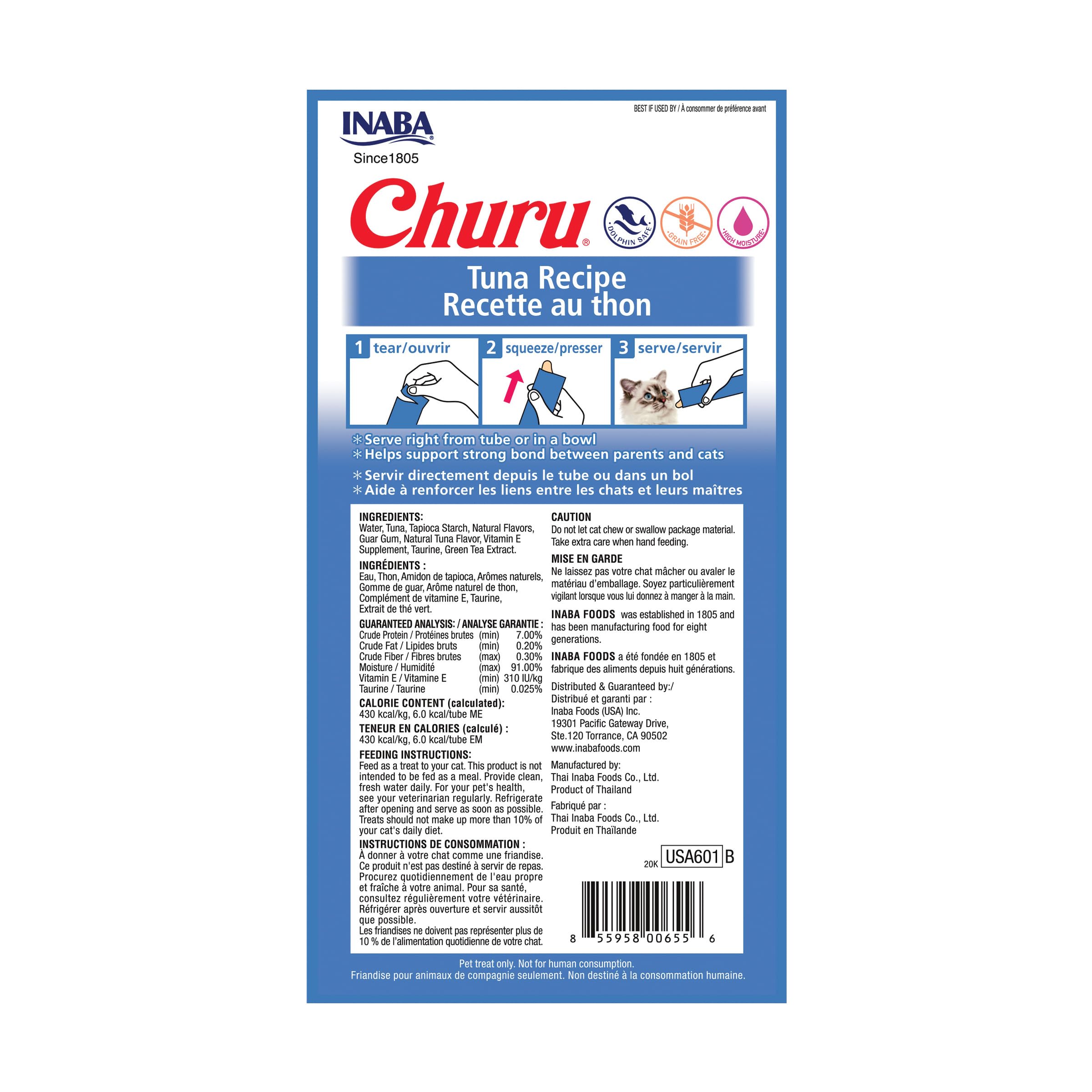 INABA Churu Purée Thon tube crèmeux prêt à être donné à la main.