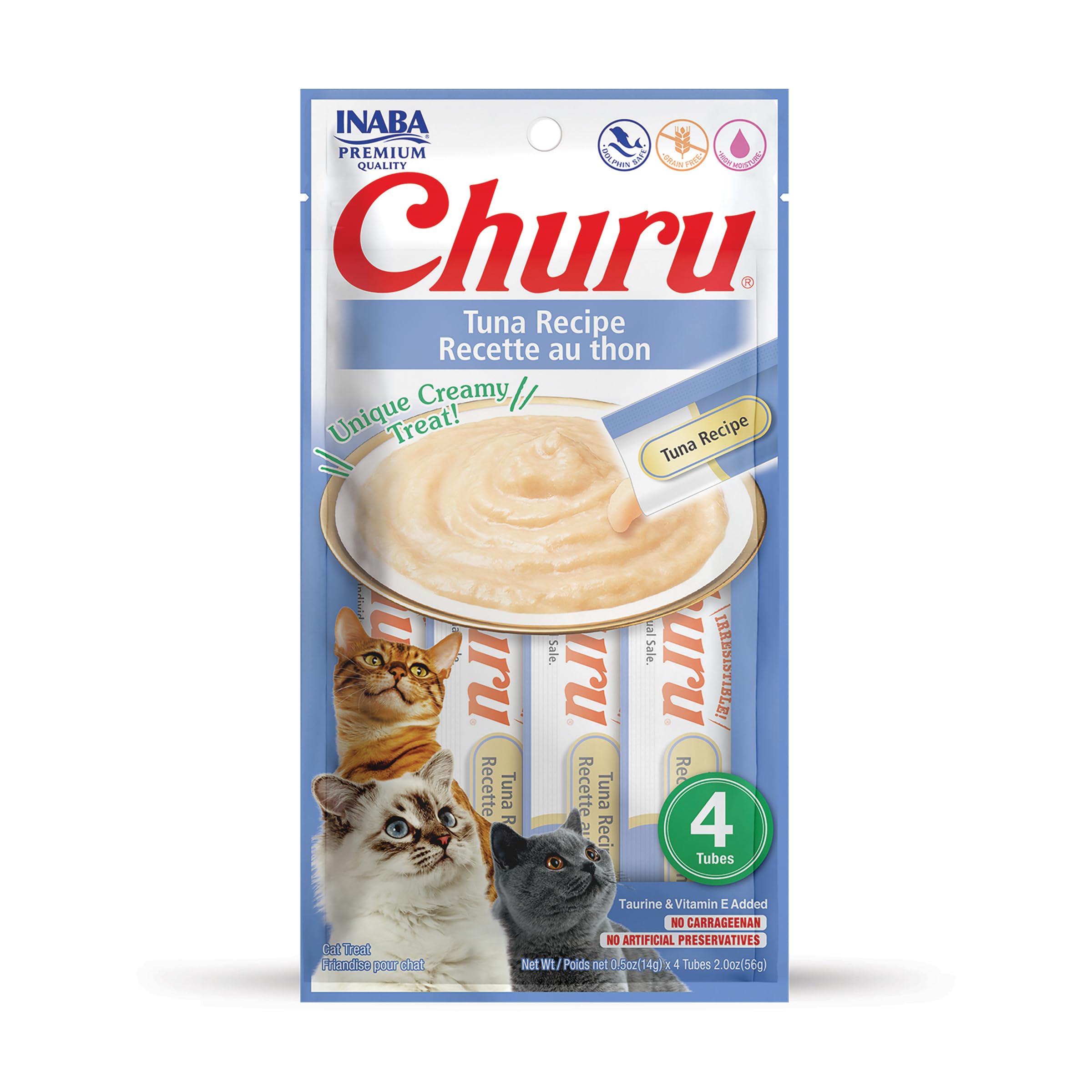 INABA Churu Purée Thon tube ouvert friandise interactive et hydratante pour chats.