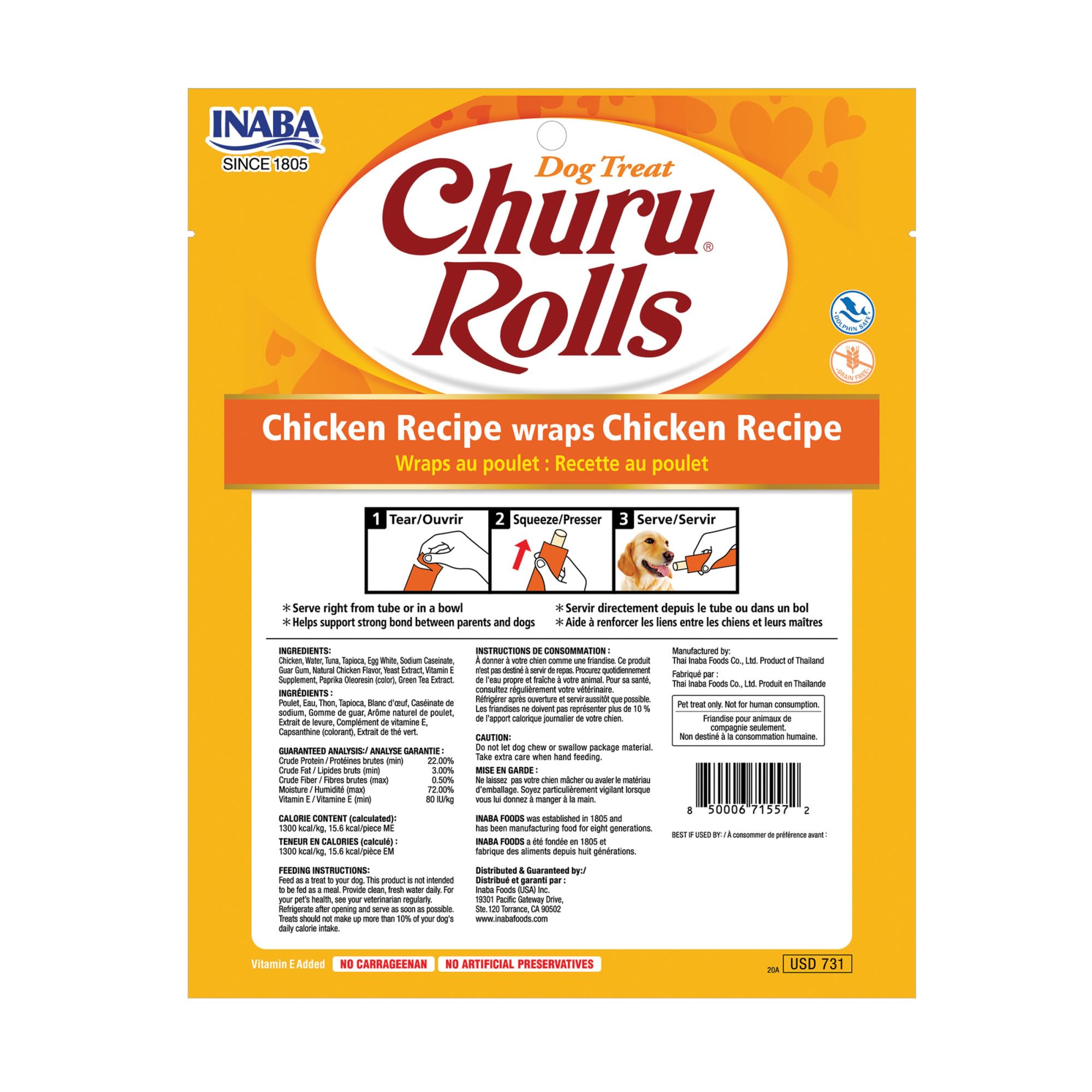 INABA Churu Rolls faible en calories et hydratant grâce à 72% d’humidité.