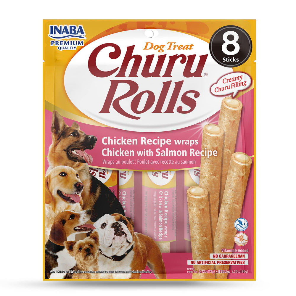 INABA Churu Rouleaux Poulet-Saumon, emballage individuel préservant frais et praticité.