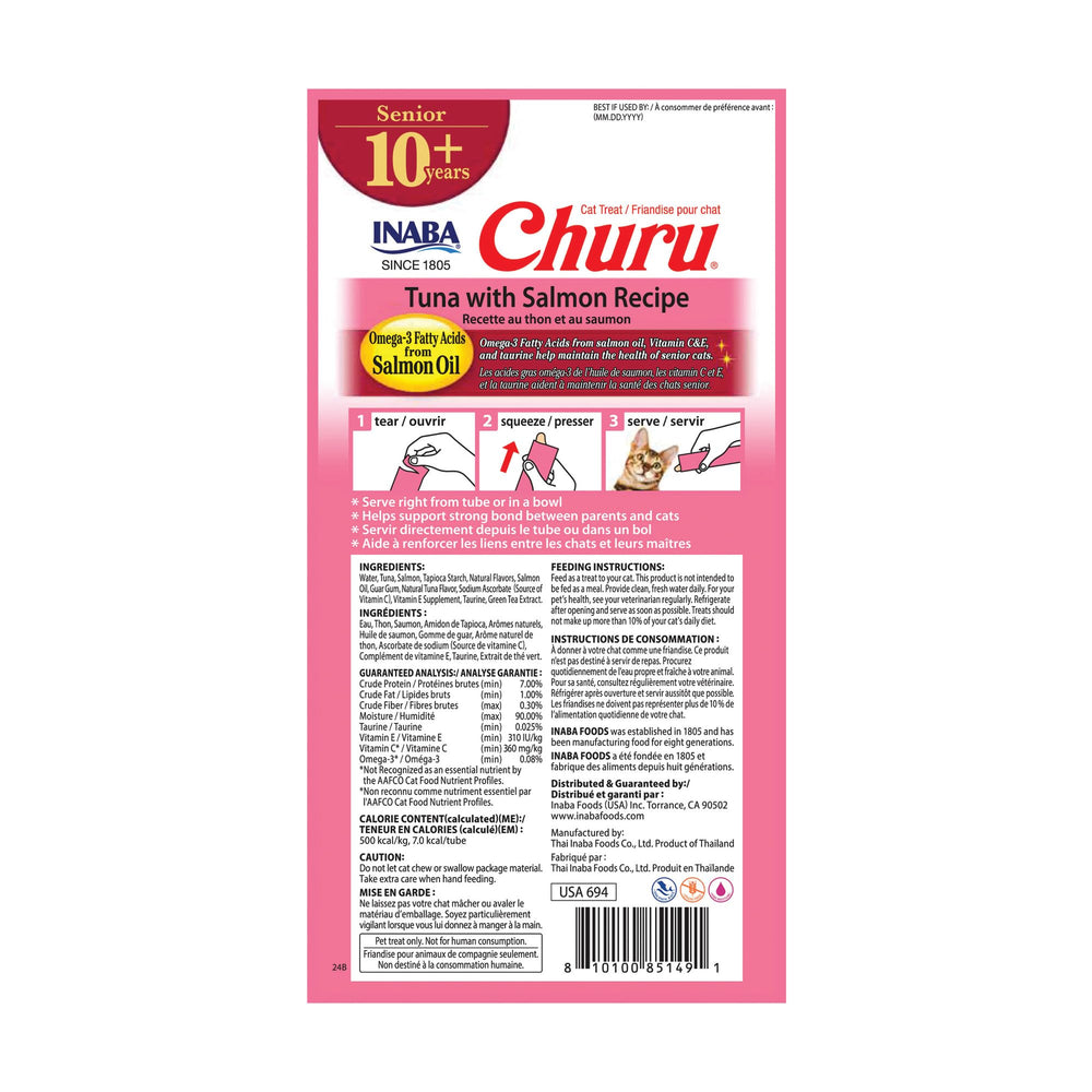 INABA Churu – Variétés saveurs Thon et Saumon pour chats âgés.