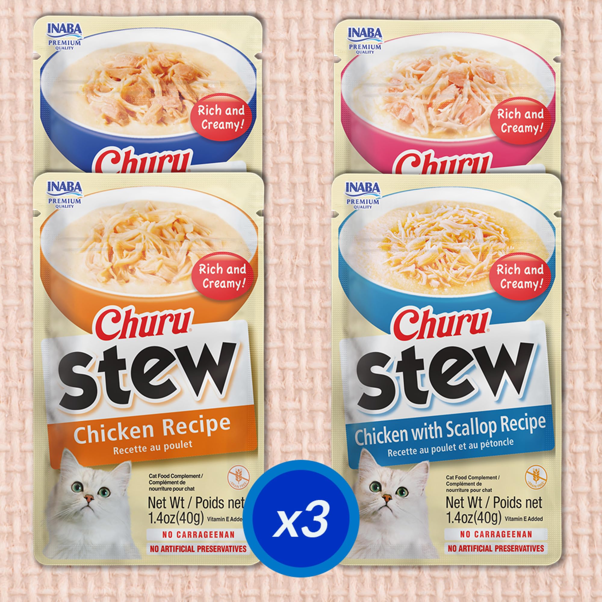 Option sans céréales INABA Churu Stew, plus facile à digérer pour certains chats.