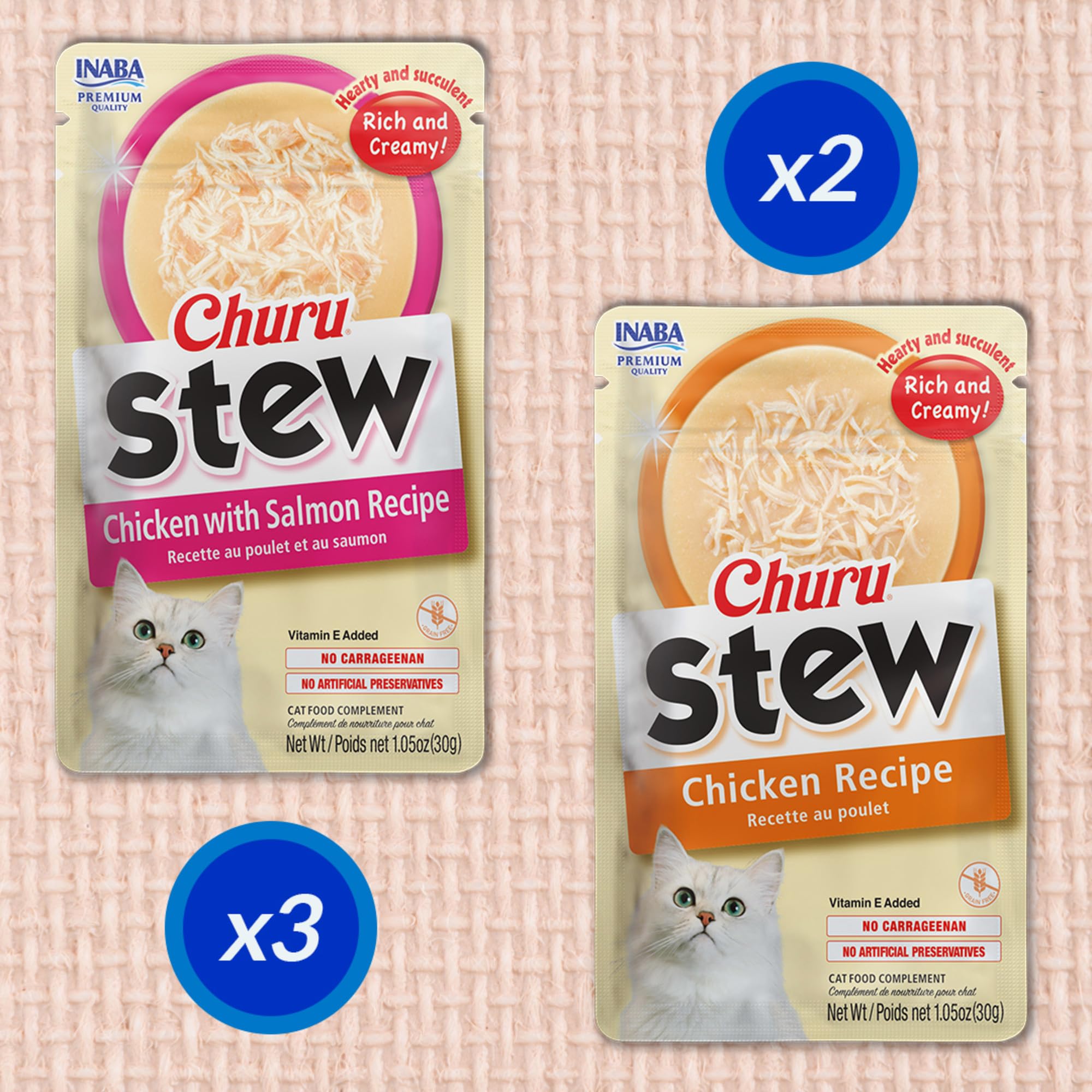 INABA Churu Stew emballage pratique: sachets individuels faciles à ouvrir.