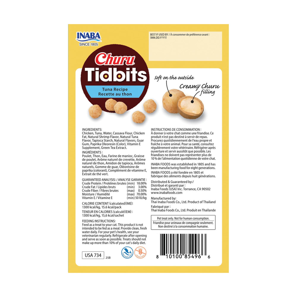 Emballage tetra pratique pour l’utilisation nomade et l’entraînement avec INABA Churu Tidbits Tuna Recipe.