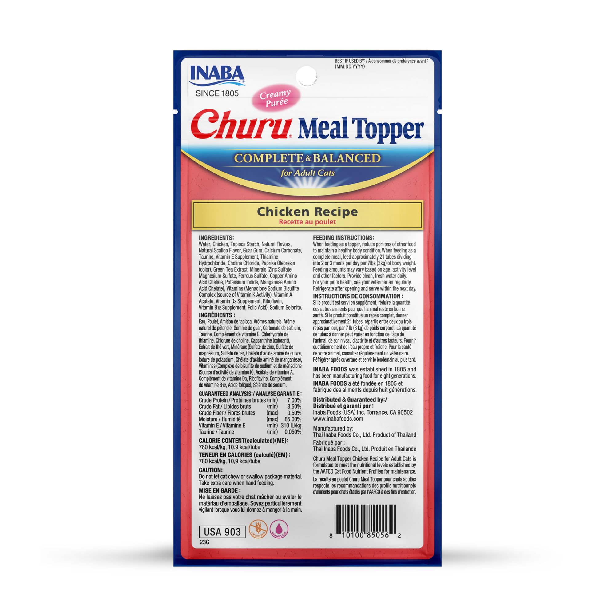 Saveur poulet INABA Churu Topper adaptée à tous les âges du chat.