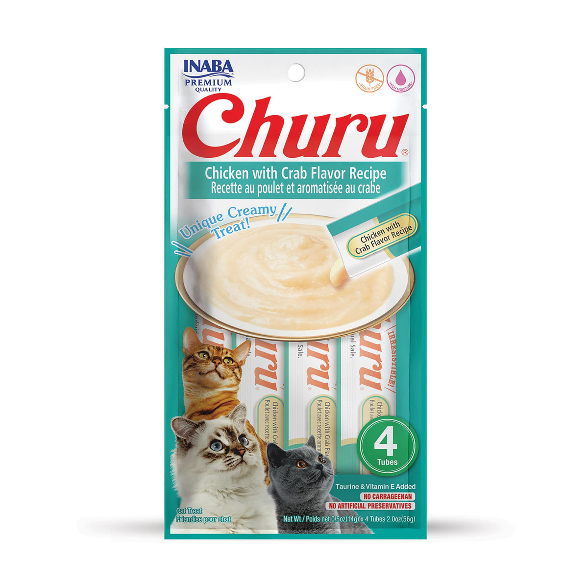 INABA Churu Purée poulet et crabe, dégustation interactive a la main.