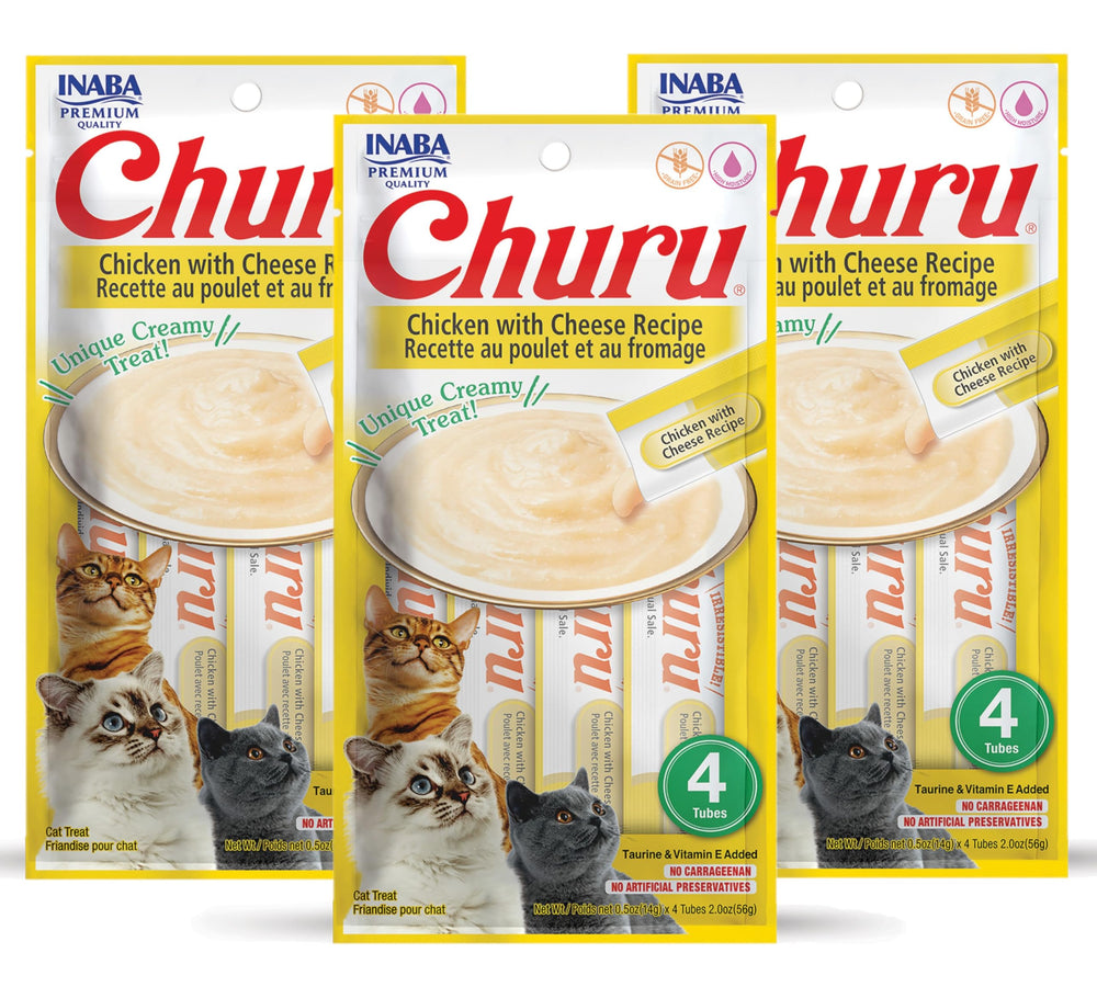 Tube INABA Churu crème purée poulet-fromage, texture lisse et appétissante pour chat.